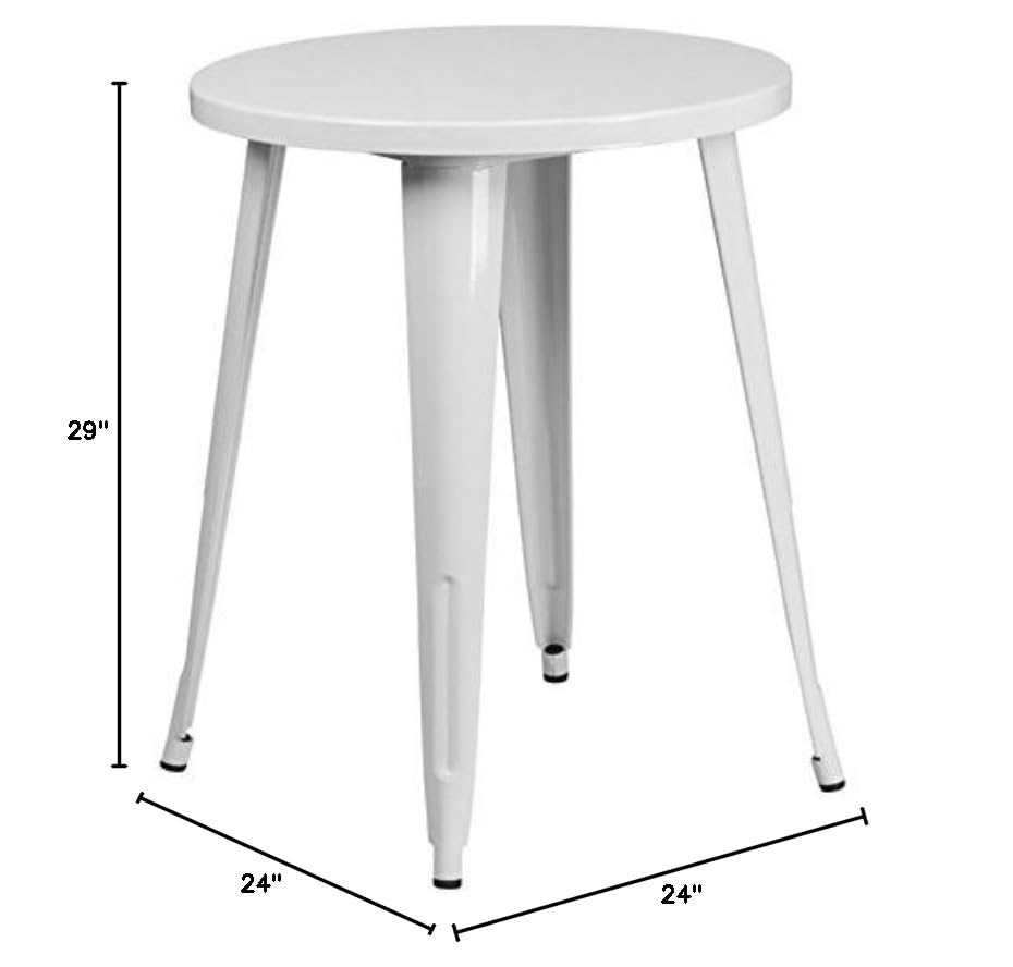 BOWERY HILL 24 Inch Round White Metal Dining Table - Perfect for Small Spaces, Kitchens, Patios & Outdoor Dining Areas
