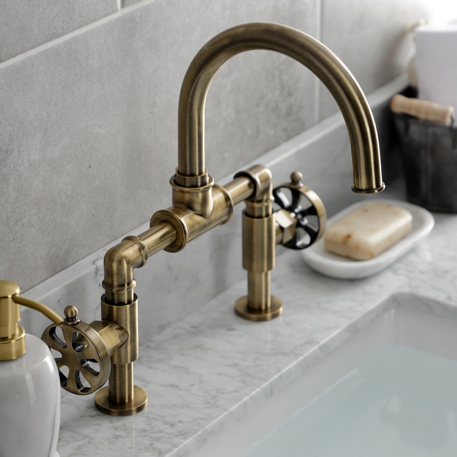 Belknap KS2173RX Two Handle 2 Hole Deck Mount Bridge Bathroom Faucet with Push Pop Up Drain in Antique Brass - Perfect for Vintage Style Bathrooms and Powder Rooms