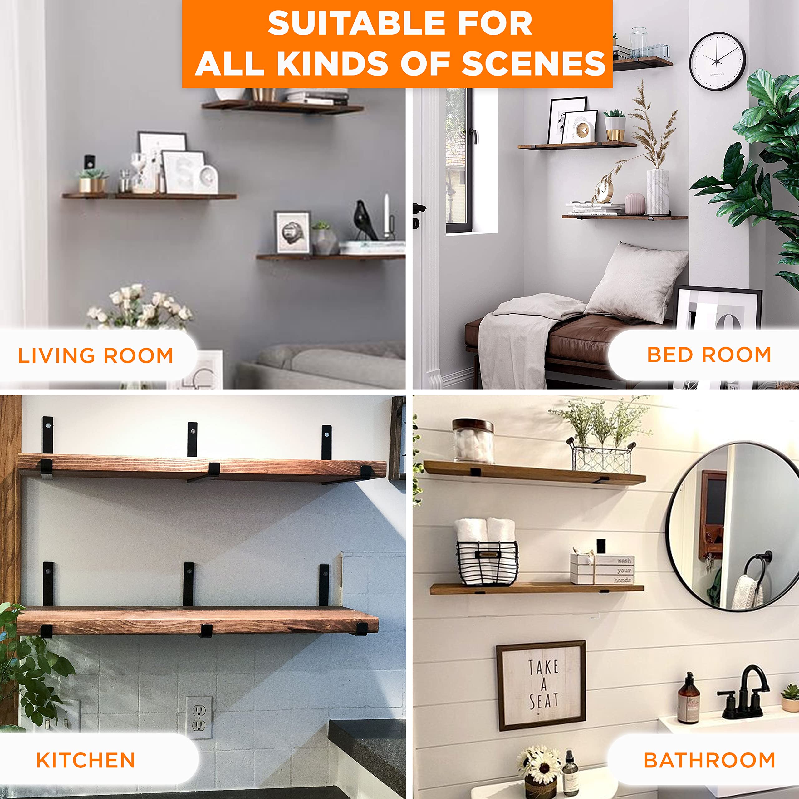 BATODA 10 Inch Heavy Duty Shelf Brackets with Lip - 6 Pack Black J Hook Brackets for Wall Mounted Shelves (Fits 9.25