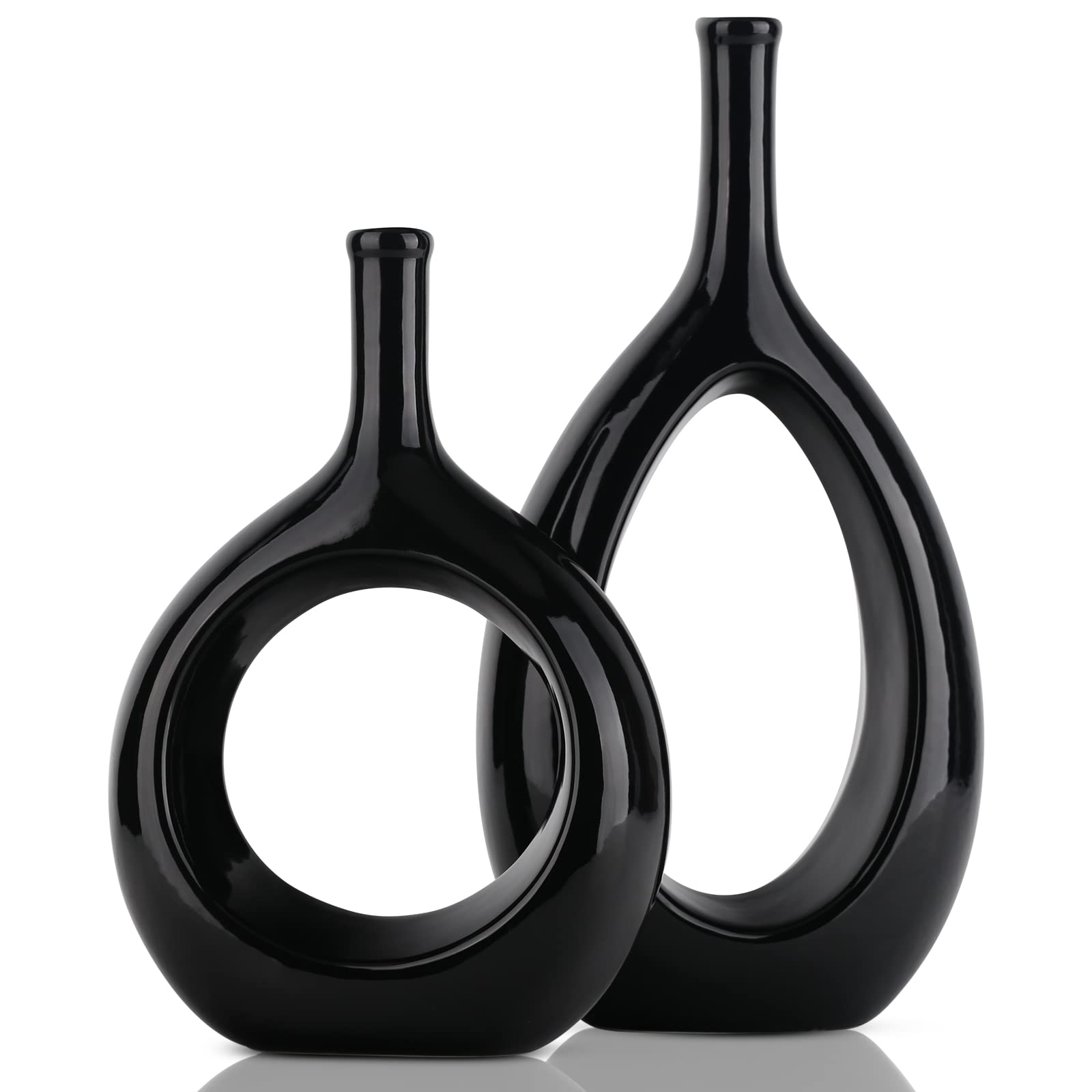 2 Pack Black Ceramic Vases - Modern Tall Flower Vases for Home Decor, Living Room, Dining Table & Wedding Centerpieces - Elegant Black Decorative Vases for Floral Arrangements