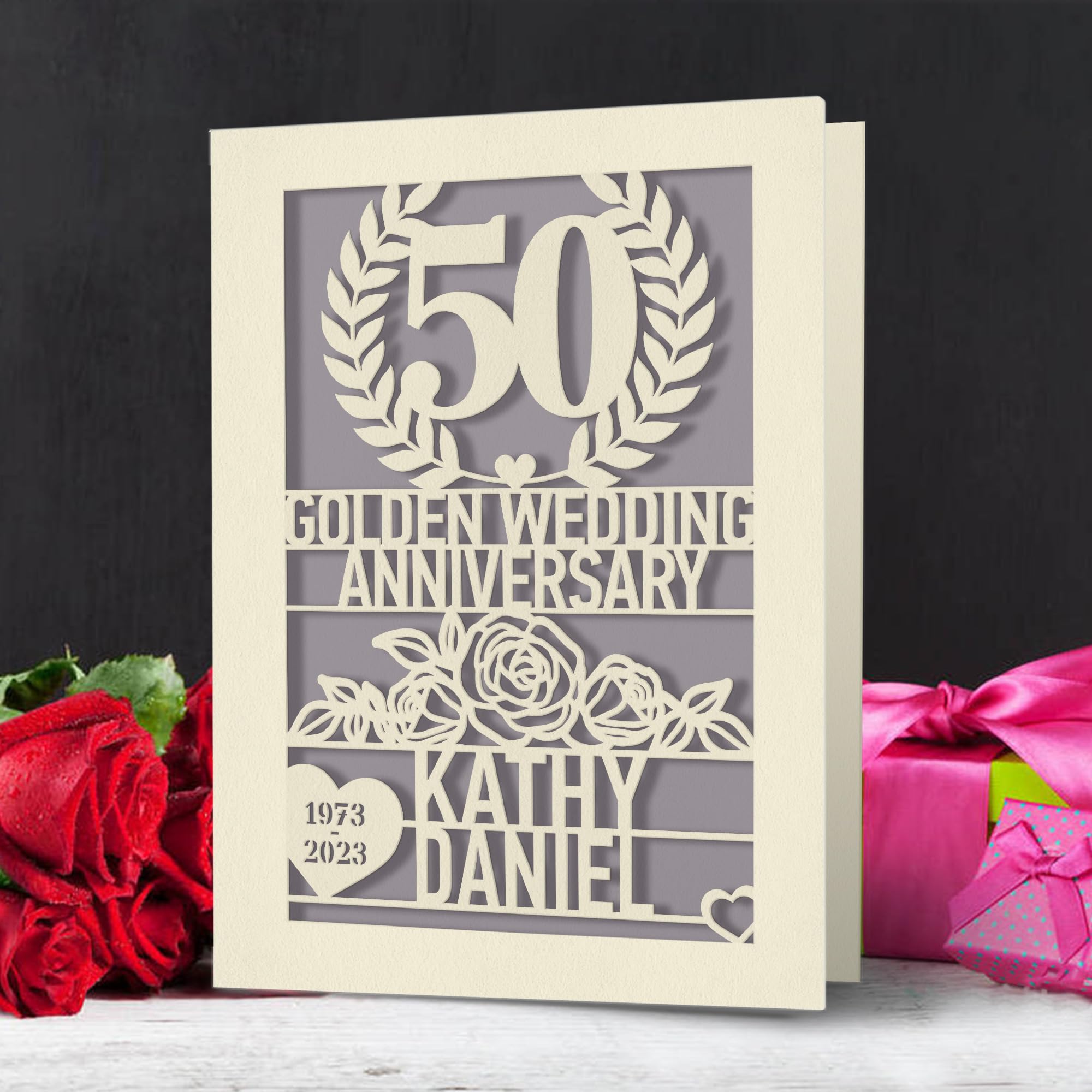 Personalized Anniversary Card for Couples - Custom Name & Date Laser Cut Wedding Card - Romantic Gift for Him or Her - Perfect for Anniversaries, Weddings & Special Occasions (Gray)