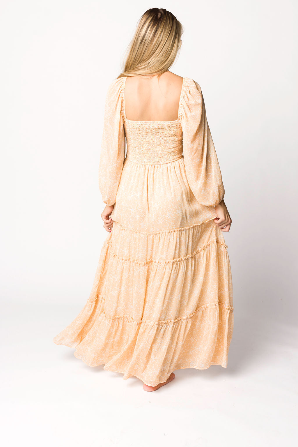 Daphne Long Sleeve Maxi Dress - Light Beige/White Floral Print | Bump Friendly Maternity & Inclusive Sizing (XS-3XL) | Perfect for Pregnancy, Weddings & Special Occasions