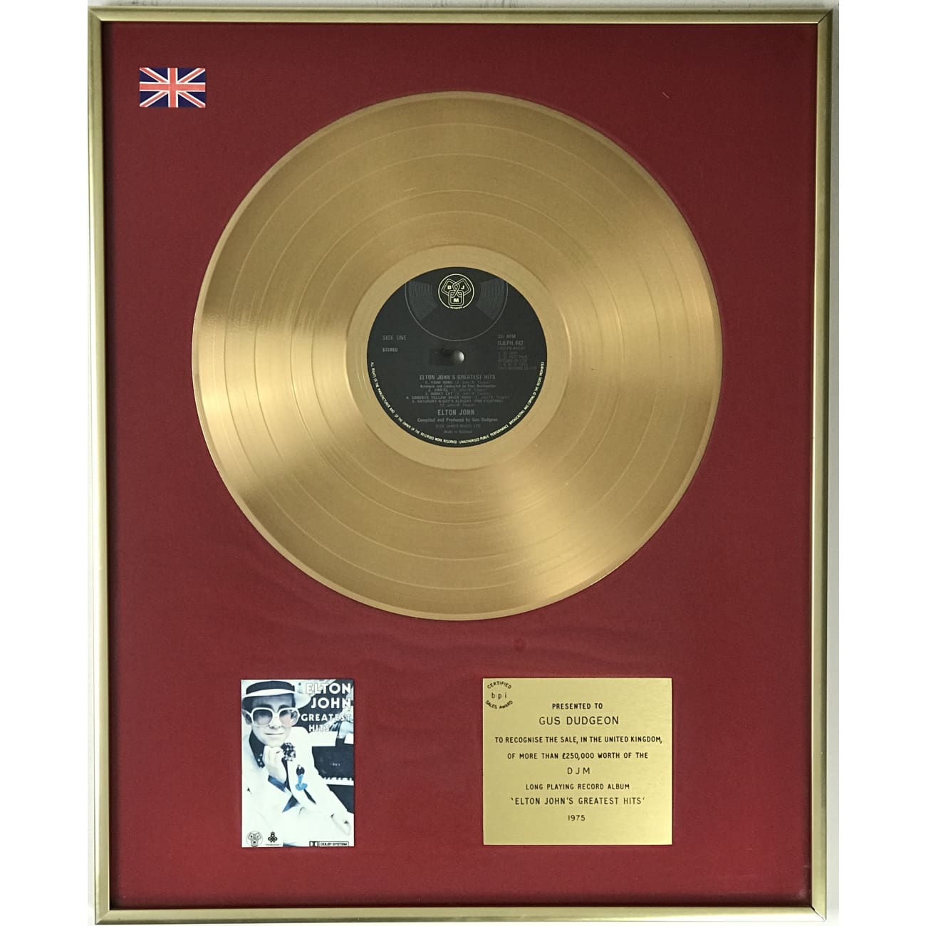 Elton John Greatest Hits 1975 BPI Gold LP Award Vinyl Record - Rare Collector's Edition for Music Enthusiasts & Vintage Vinyl Lovers - Perfect for Home Decor, Music Collections, and Gift Giving