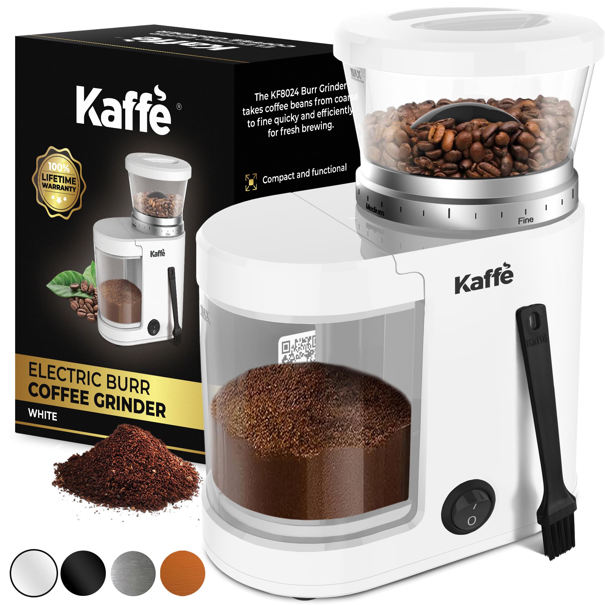 Premium Kaffe Electric Burr Coffee Grinder 5.5oz - Adjustable Coarseness Settings & Flat Burr Design - Upgraded Motor for Consistent Grinding - Perfect for Espresso, French Press & Drip Coffee - Ideal Home Coffee Bean Grinder (White)
