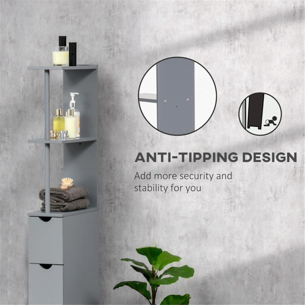 Tall Bathroom Storage Cabinet - Freestanding Linen Storage Tower with 2 Open Shelves, 1 Cabinet & 2 Drawers - Anti-Tipping Design - Grey - Perfect for Small Bathrooms, Bedrooms or Laundry Room Organization