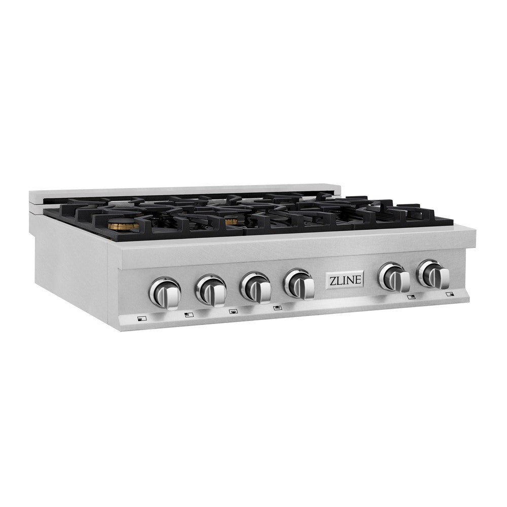 ZLINE 36 Inch 6-Burner Gas Rangetop with Brass Burners & Porcelain Cooktop - Satin Stainless Steel (RTS BR 36) | Professional Kitchen Stove for Home Chefs & Cooking Enthusiasts