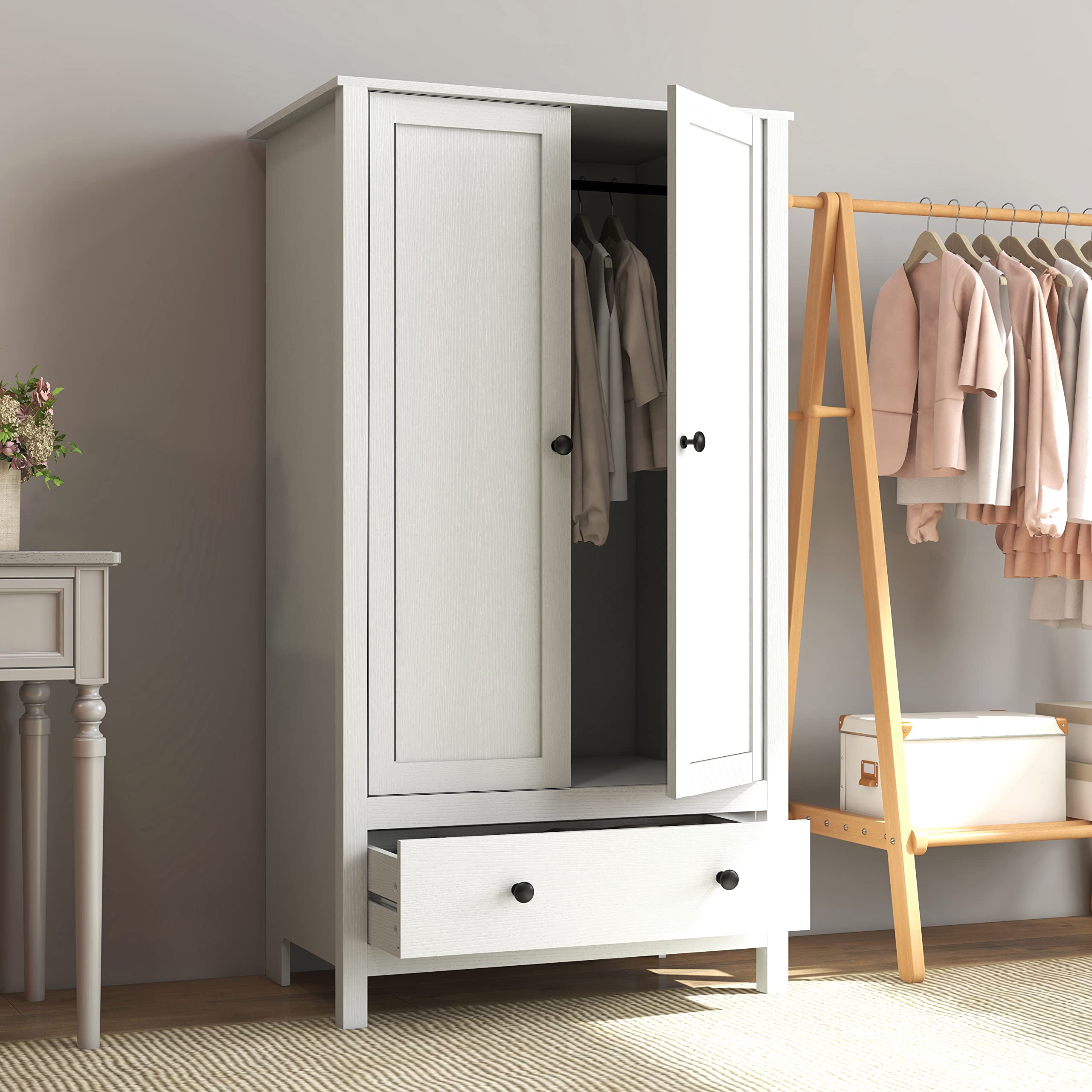 Panana 2 Door Wardrobe Closet with Drawer - White Wooden Armoire for Bedroom Storage | Perfect for Organizing Clothes, Shoes & Accessories in Master Bedroom, Guest Room or Dorm