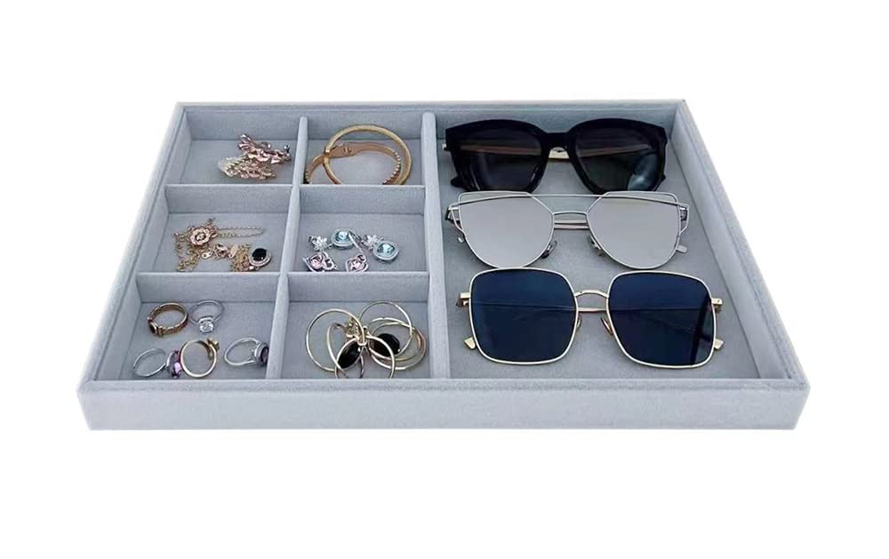 Premium Velvet Grey Jewelry Organizer Trays - Stackable Drawer Insert Divider for Rings & Accessories | Jewelry Storage Solution for Bedroom Dresser, Vanity Table & Travel Case