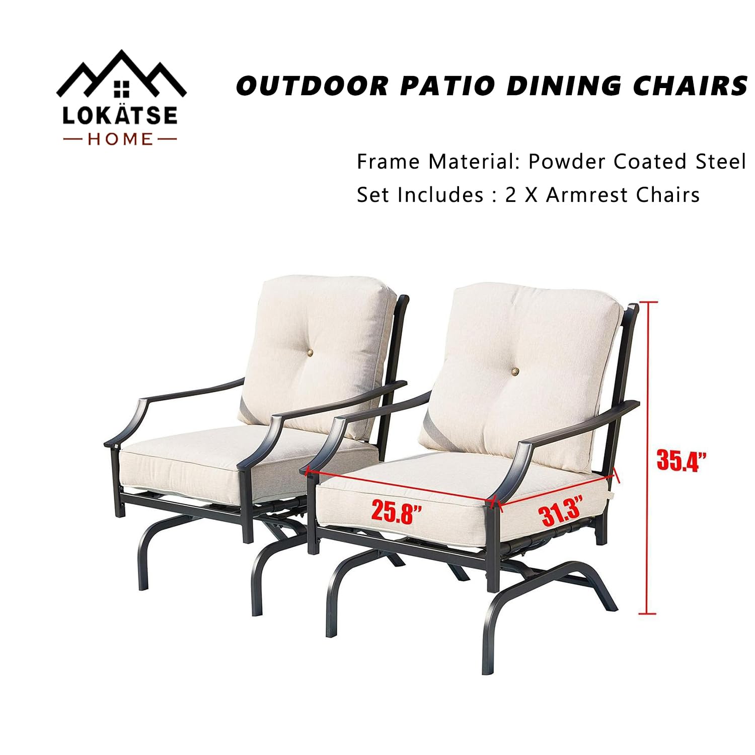 LOKATSE HOME 2-Piece Outdoor Metal Patio Chairs Set with Cushions - Beige Bistro Dining Armchairs for Garden, Balcony & Backyard Conversation Seating