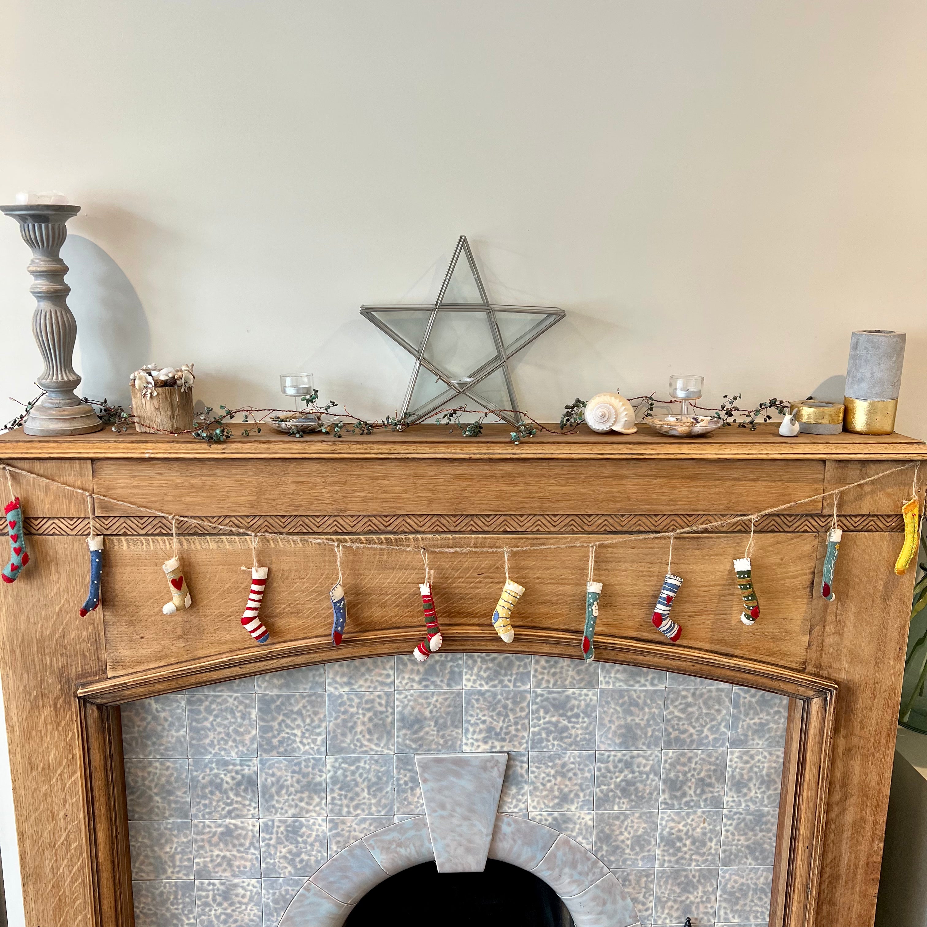 Hand Stitched Felt Stocking Garland - Christmas Tree Decorations, Holiday Fireplace Mantel Decor, Xmas Party Hanging Ornaments (Limited Stock)