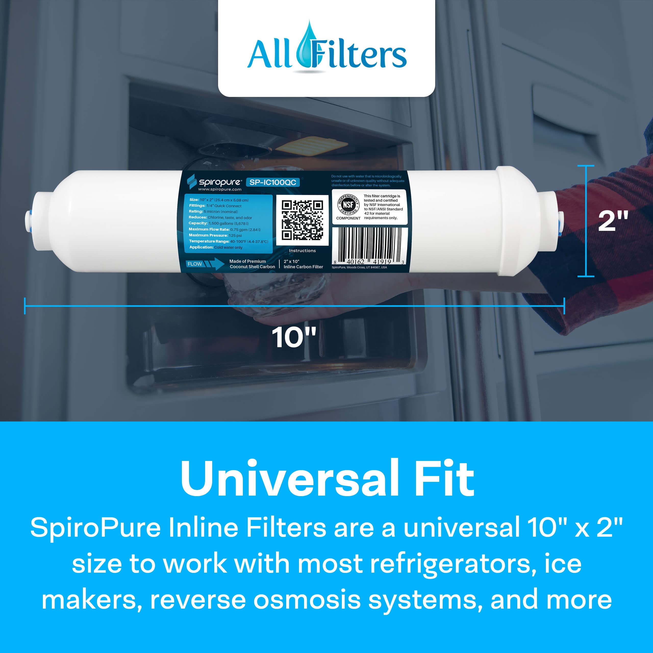 SpiroPure NSF Certified Coconut Shell Granular Carbon Inline Water Filter - 1/4