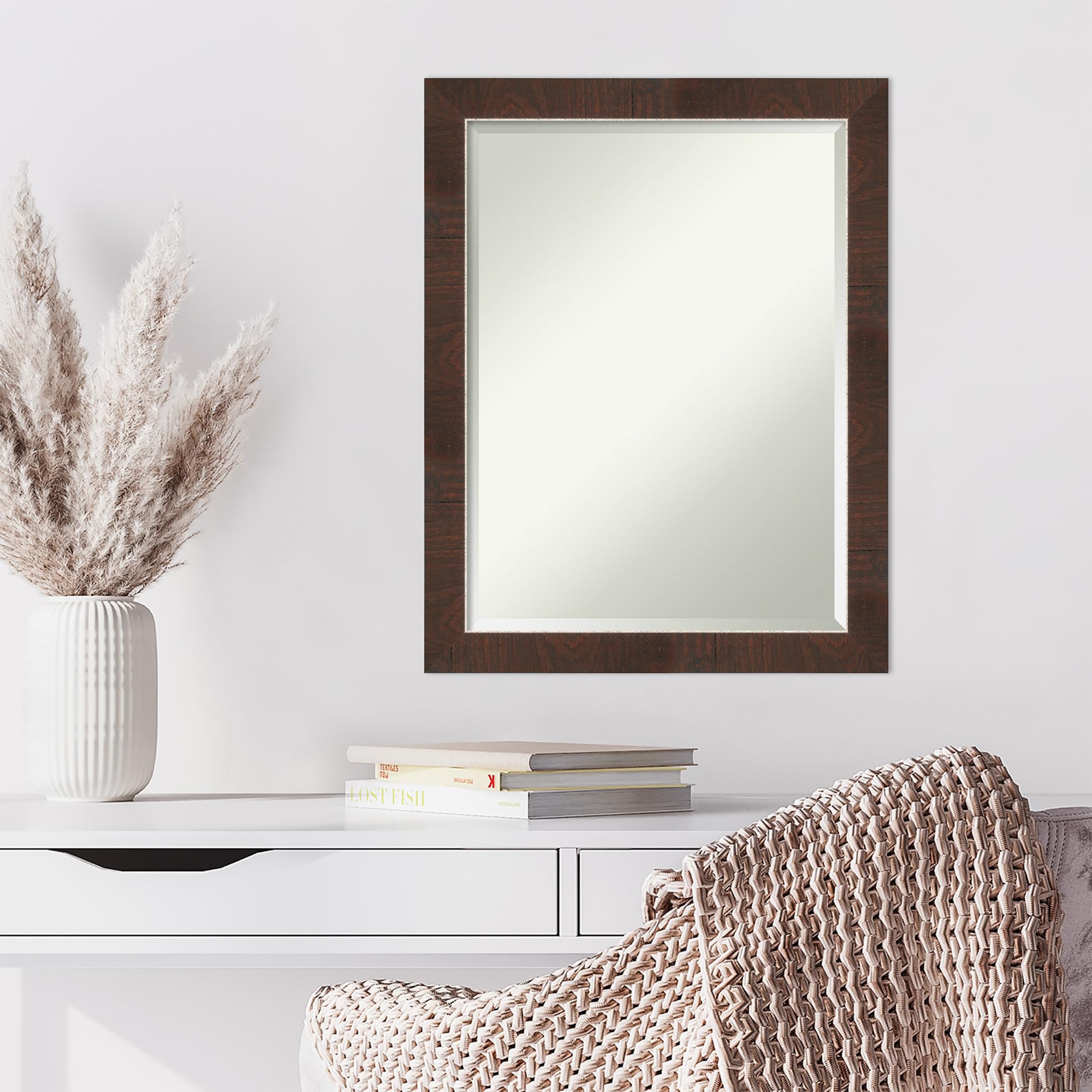 Amanti Art 27x21 Inch Brown Wall Mirror - Rustic Farmhouse Rectangle Bathroom & Living Room Decor with Beveled Edge, Horizontal or Vertical Hanging - Perfect for Hallway, Bedroom, and Entryway Wall Decor