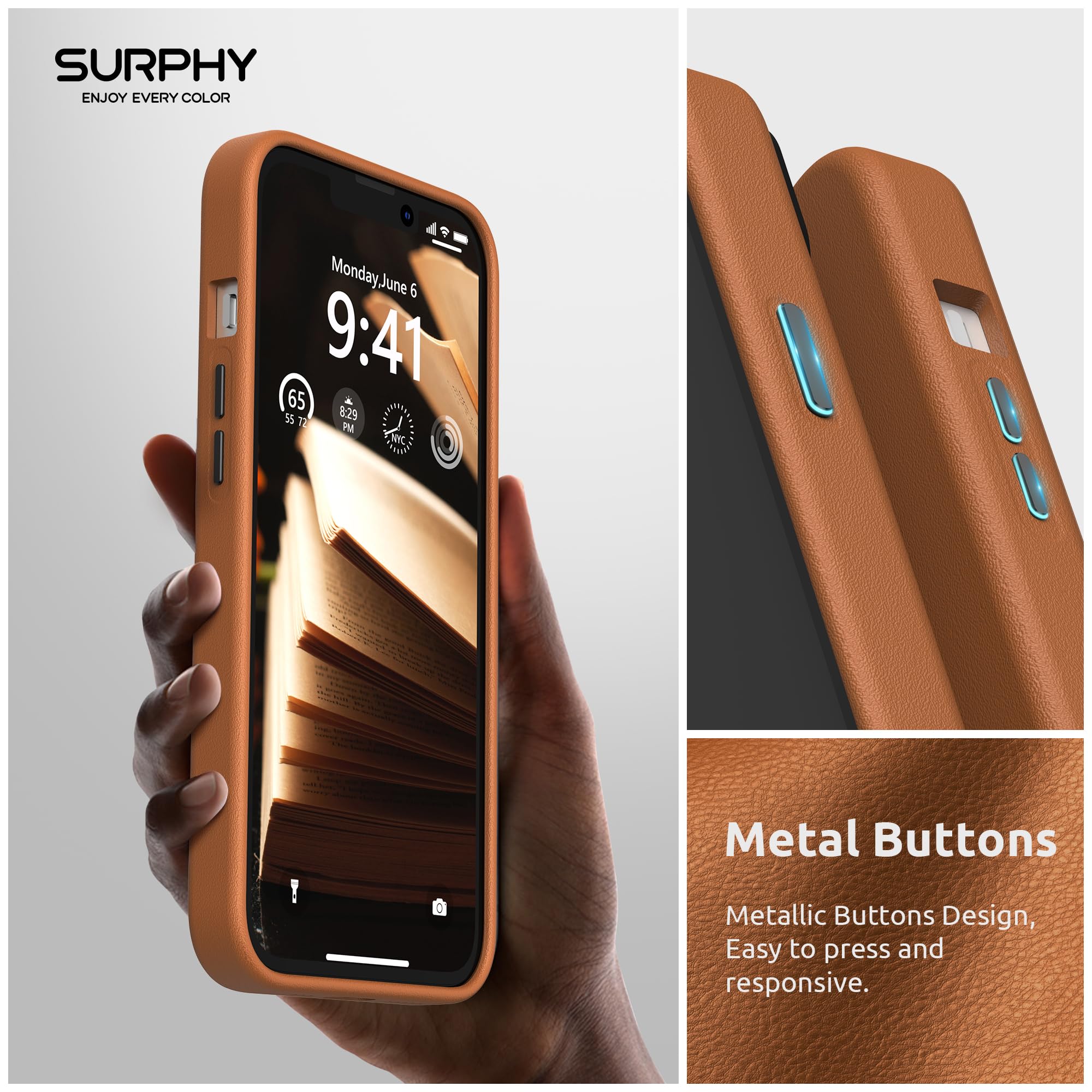 SURPHY Premium Faux Leather iPhone 13 Mini Case (5.4 inch 2021) with Metallic Buttons & Microfiber Lining - Slim Protective Phone Cover for Women & Men - Perfect for Work, Travel & Everyday Use