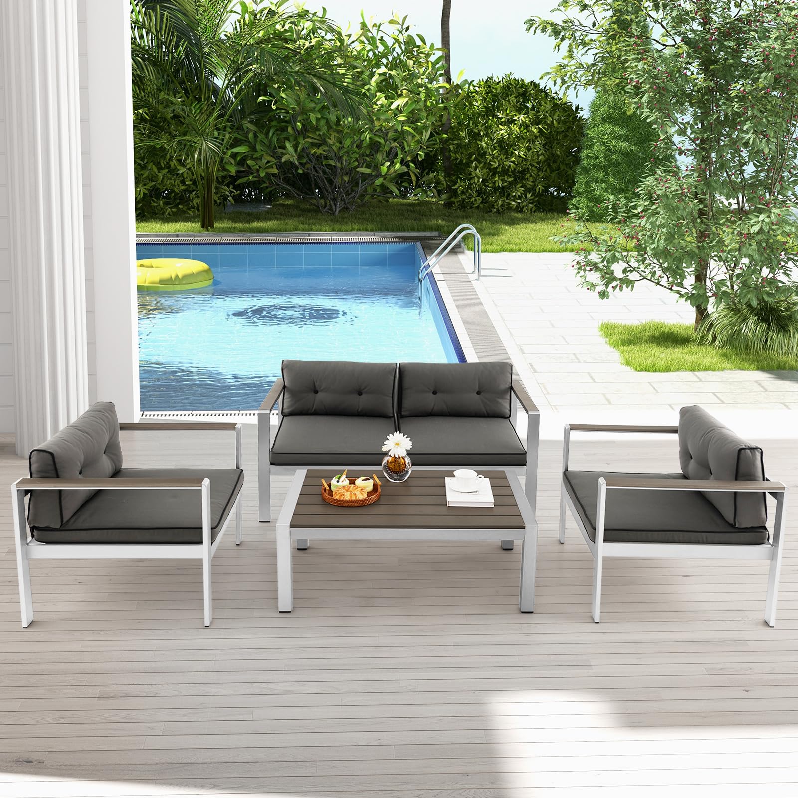 Tangkula Modern Outdoor Coffee Table - Aluminum Frame & Durable Plastic Wood Tabletop, Rustproof Rectangular Cocktail Table for Patio, Garden, Poolside - All-Weather Grey Accent Furniture for Relaxing & Entertaining