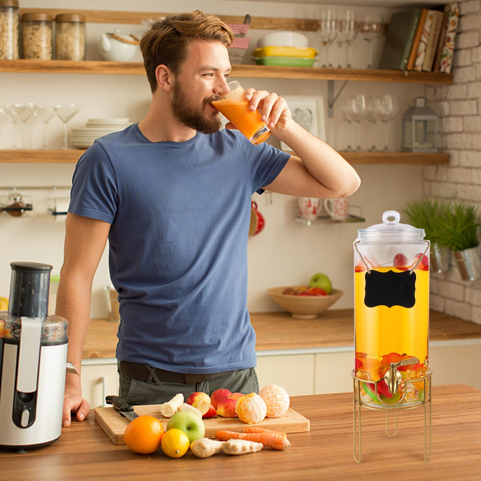 1 Gallon Glass Beverage Dispenser with Stand & Stainless Steel Spigot - Chalkboard Marker Included - Perfect for Lemonade, Juice, Tea & Party Drinks - Ideal for Weddings, BBQs, Picnics & Outdoor Events