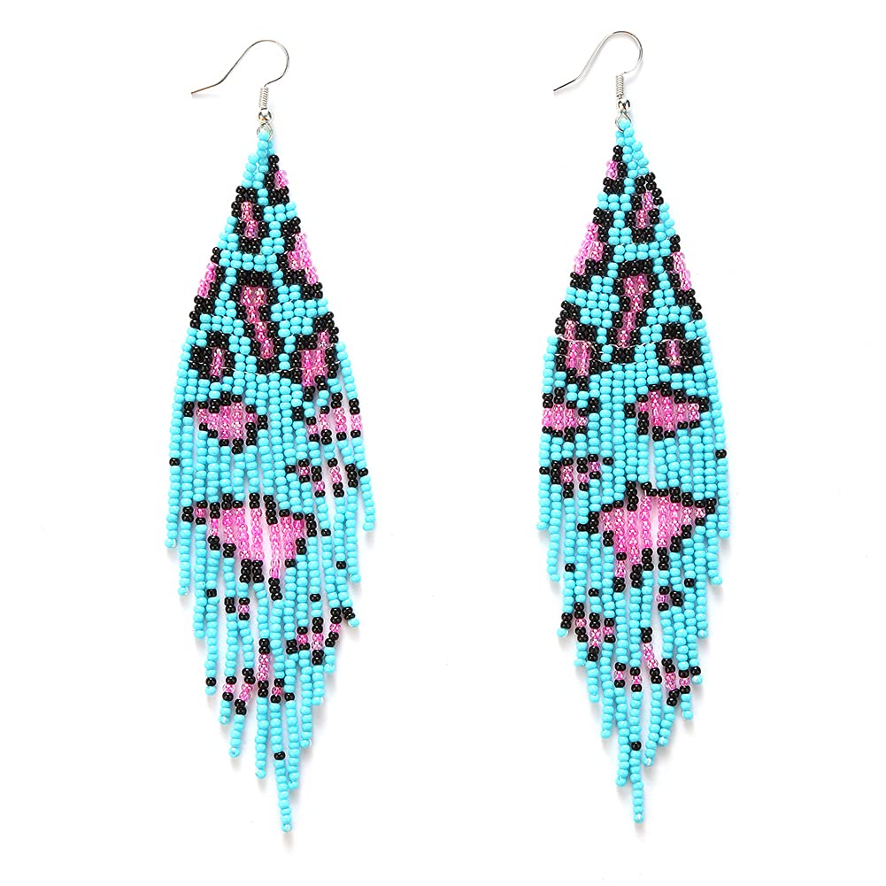 Yackrola Long Beaded Leopard Earrings - Handmade Bohemian Statement Seed Bead Tassel Earrings for Women | Native American Inspired Jewelry | Perfect for Festivals, Parties & Boho Fashion