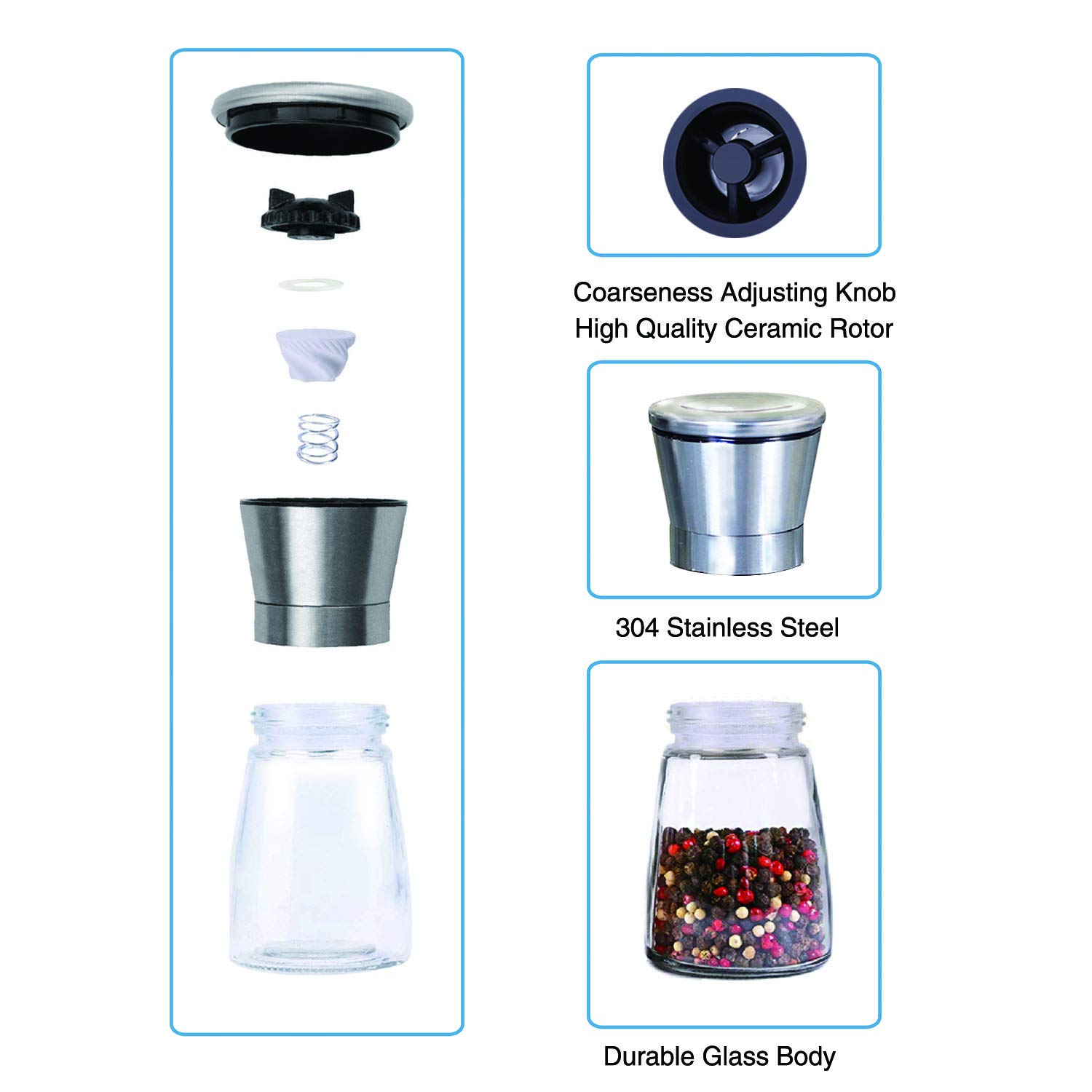 Premium Salt and Pepper Grinder Set of 2 - Adjustable Ceramic Mill with Stainless Steel Stand & Glass Body - Refillable Spice Grinders for Kitchen, Dining Table & Gourmet Cooking