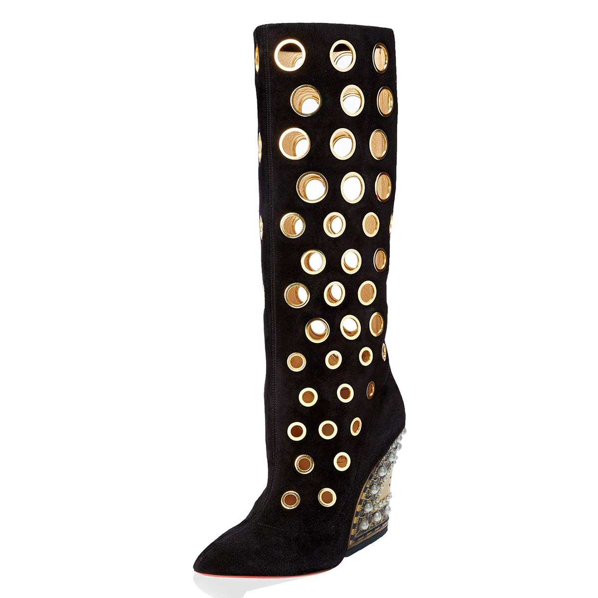 XYD Women's Sexy Knee High Wedge Heel Boots - Pointed Toe Dressy Fashion Cutout Shoes for Party, Club & Evening Wear