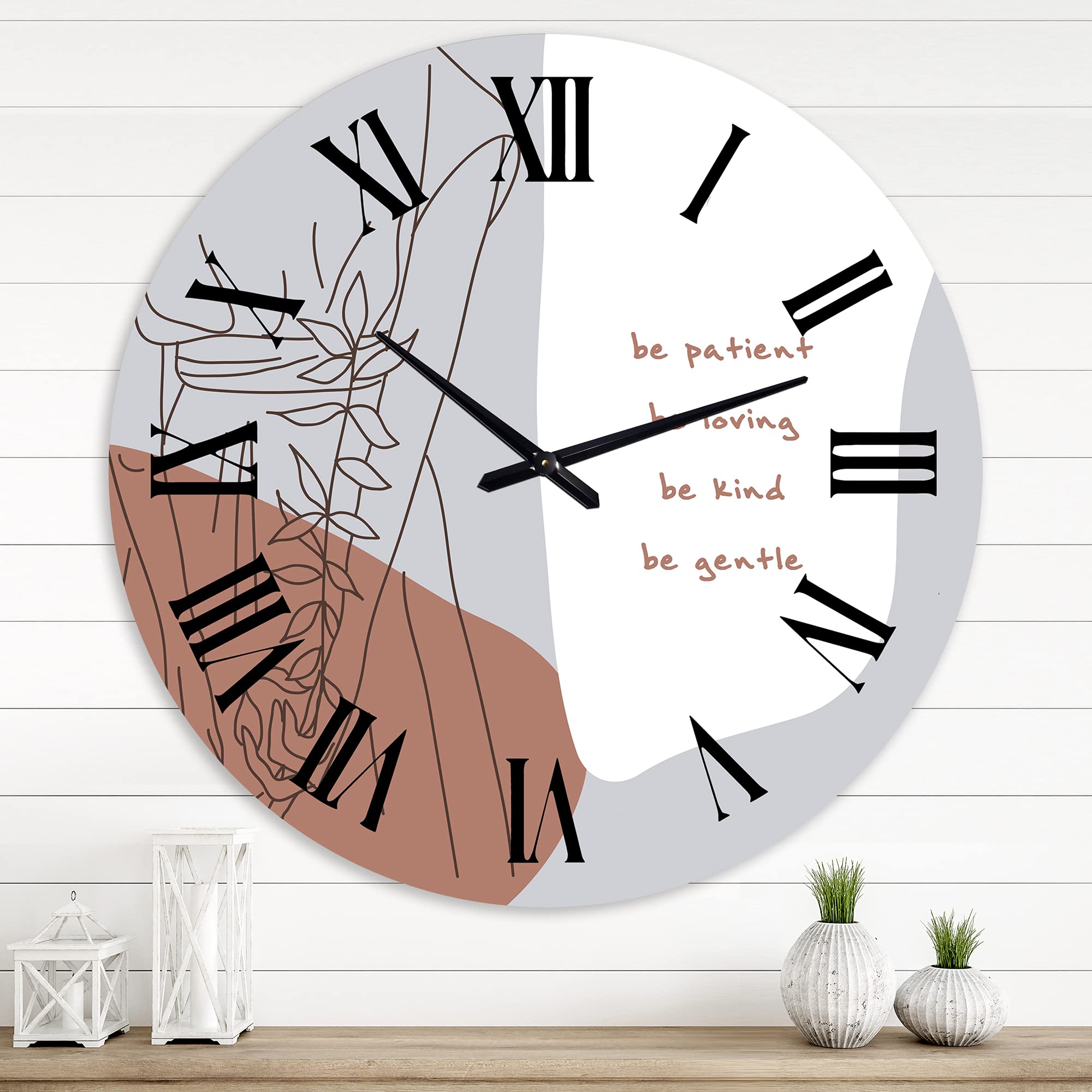 DesignQ Modern Wall Clock - 'Be Patient Be Kind Be Loving' Large Decorative Clock for Living Room, Bedroom & Office | Silent Non-Ticking, Perfect Home Decor Gift