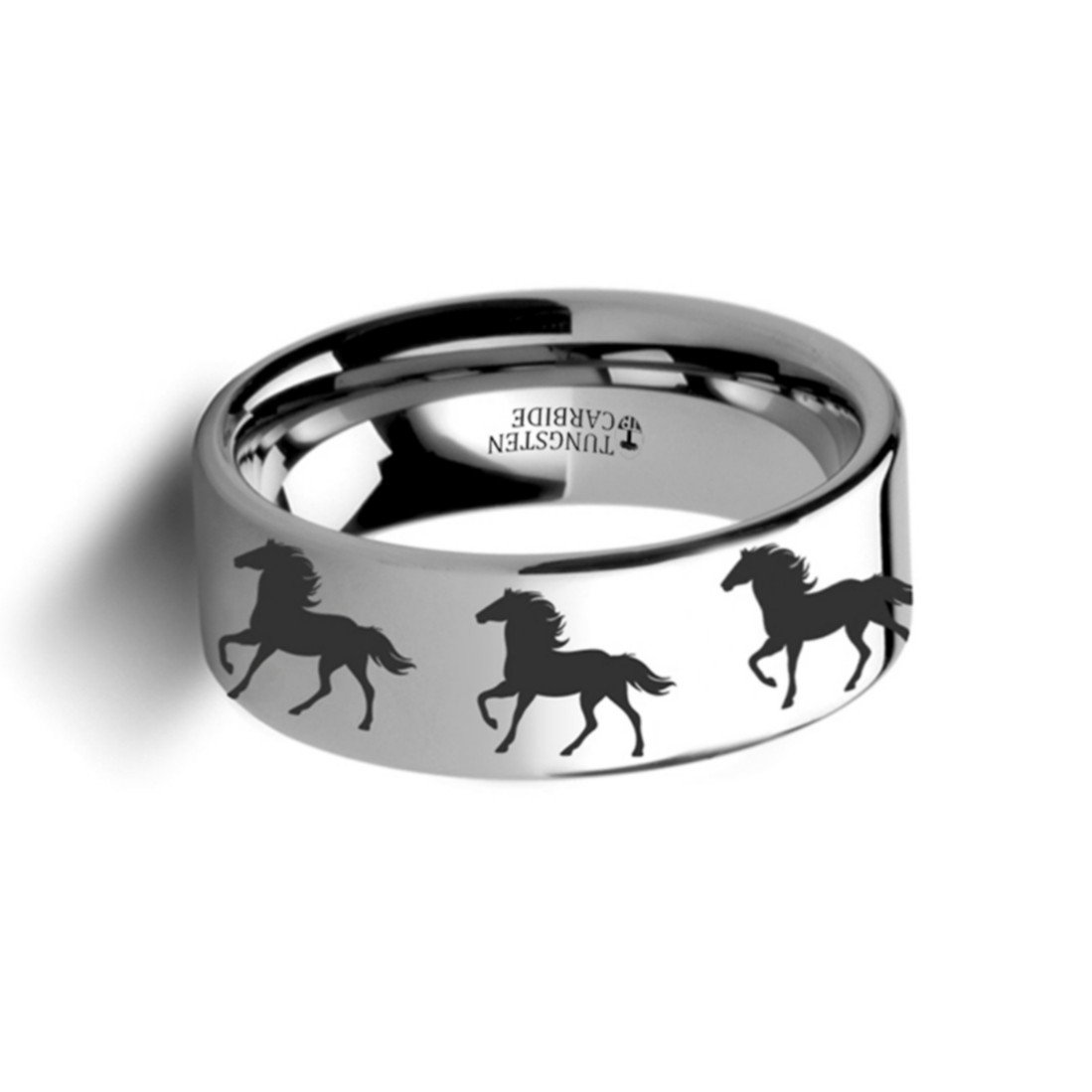 Polished Tungsten Wedding Band - 10mm Wide Equestrian Horse Print Ring for Men & Women | Durable & Scratch-Resistant | Perfect for Equestrian Lovers, Horseback Riding Enthusiasts & Unique Gift Occasions
