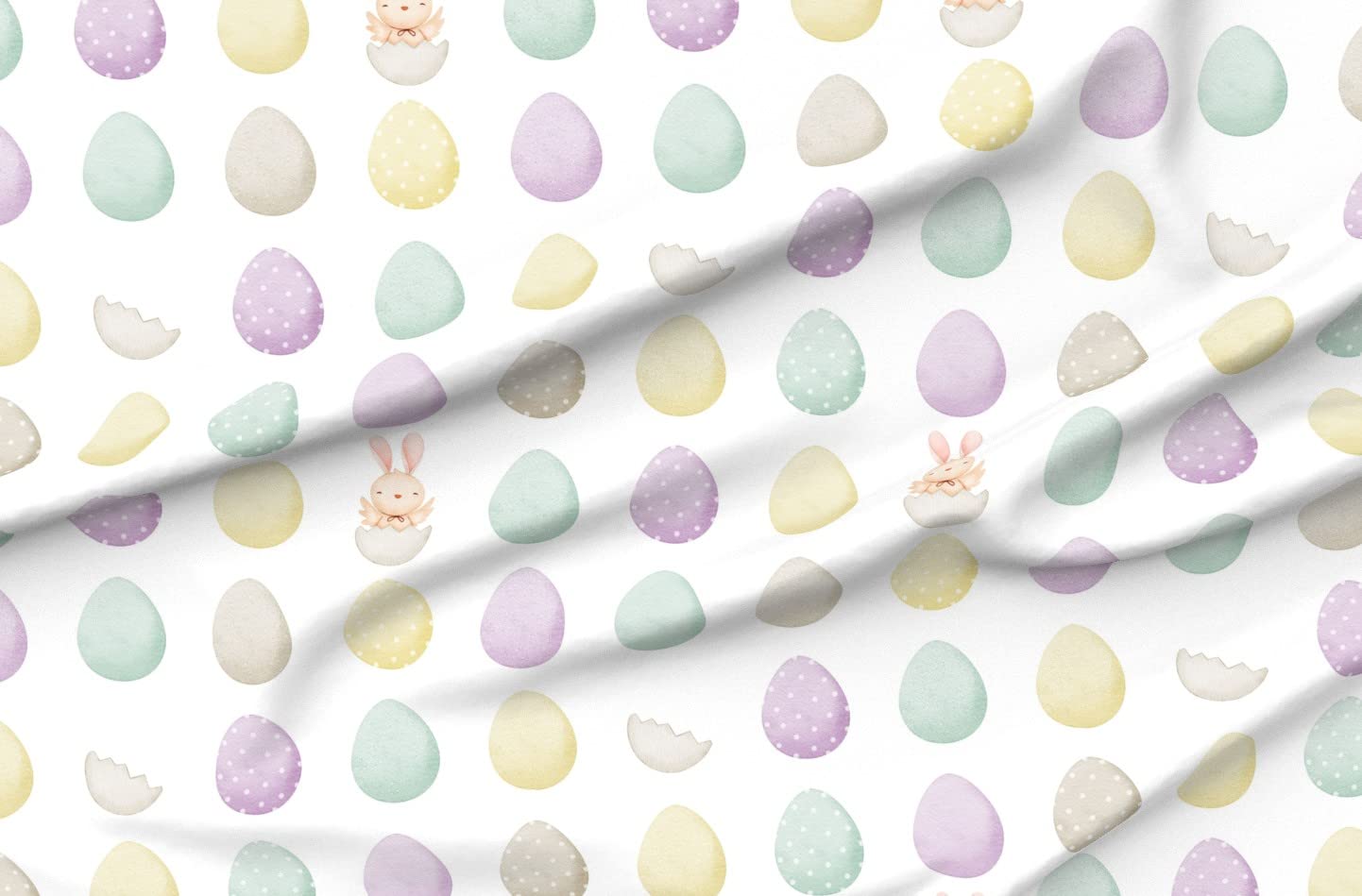 Easter Egg & Spring Chick Printed Denim Fabric by The Yard - White Bottomweight Cotton Material for Apparel, Home Decor & Upholstery | DIY Crafts, Easter Decorations, Spring Sewing Projects