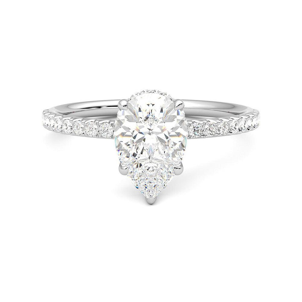 Pear Shaped Moissanite Engagement Ring with Hidden Halo & Anniversary Stone Accent - Elegant Wedding Proposal Jewelry for Brides & Anniversary Gifts