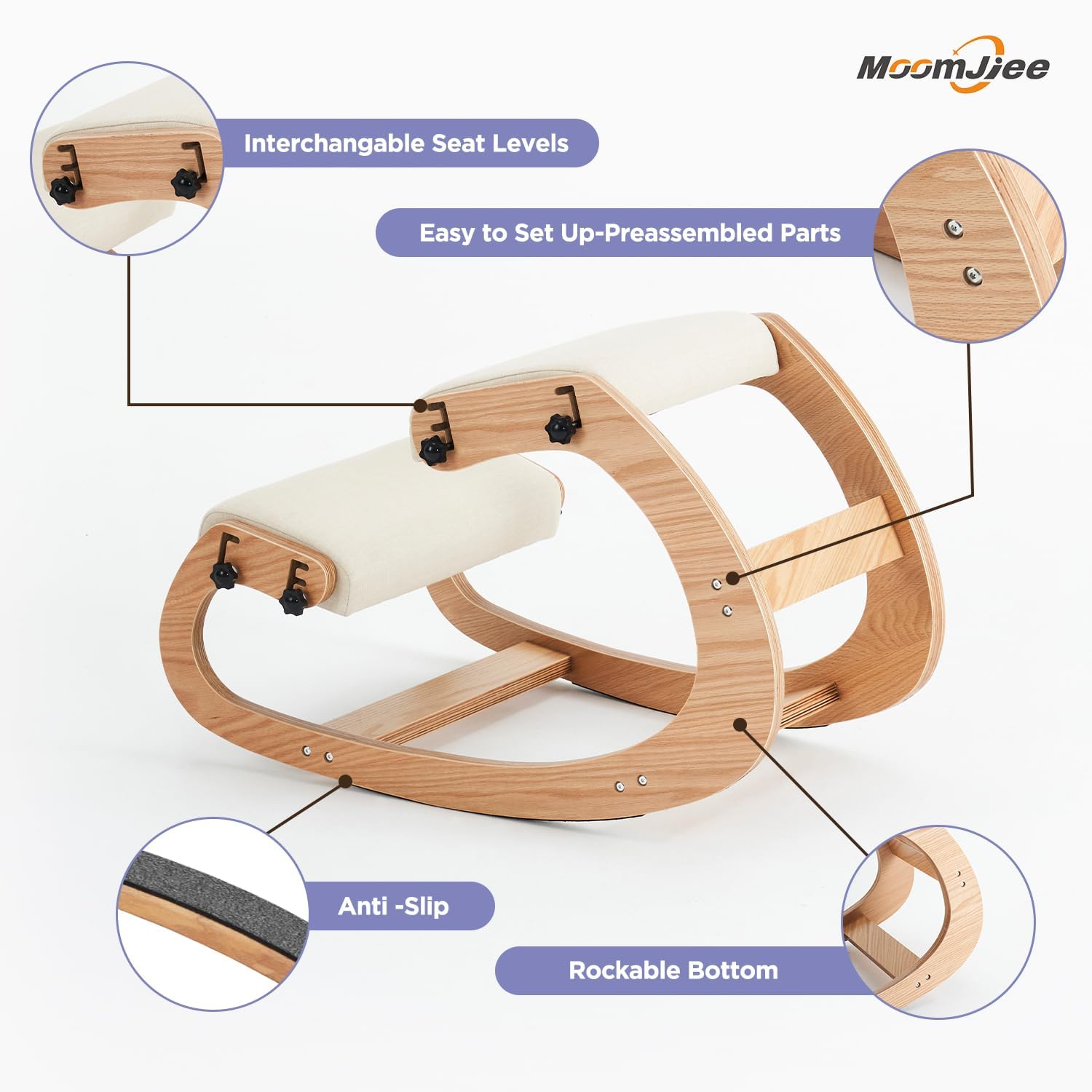 Ergonomic Kneeling Chair - Adjustable Rocking Office Chair for Back Pain Relief, Wooden Home Office Chair with Posture Support - Perfect for Work from Home, Meditation & Reading (Beige)