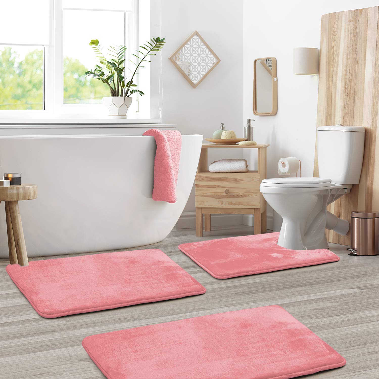 Clara Clark 3-Piece Memory Foam Bathroom Rug Set - Non-Slip Absorbent Velvet Bath Mat, Fast Drying Contour Rug (20