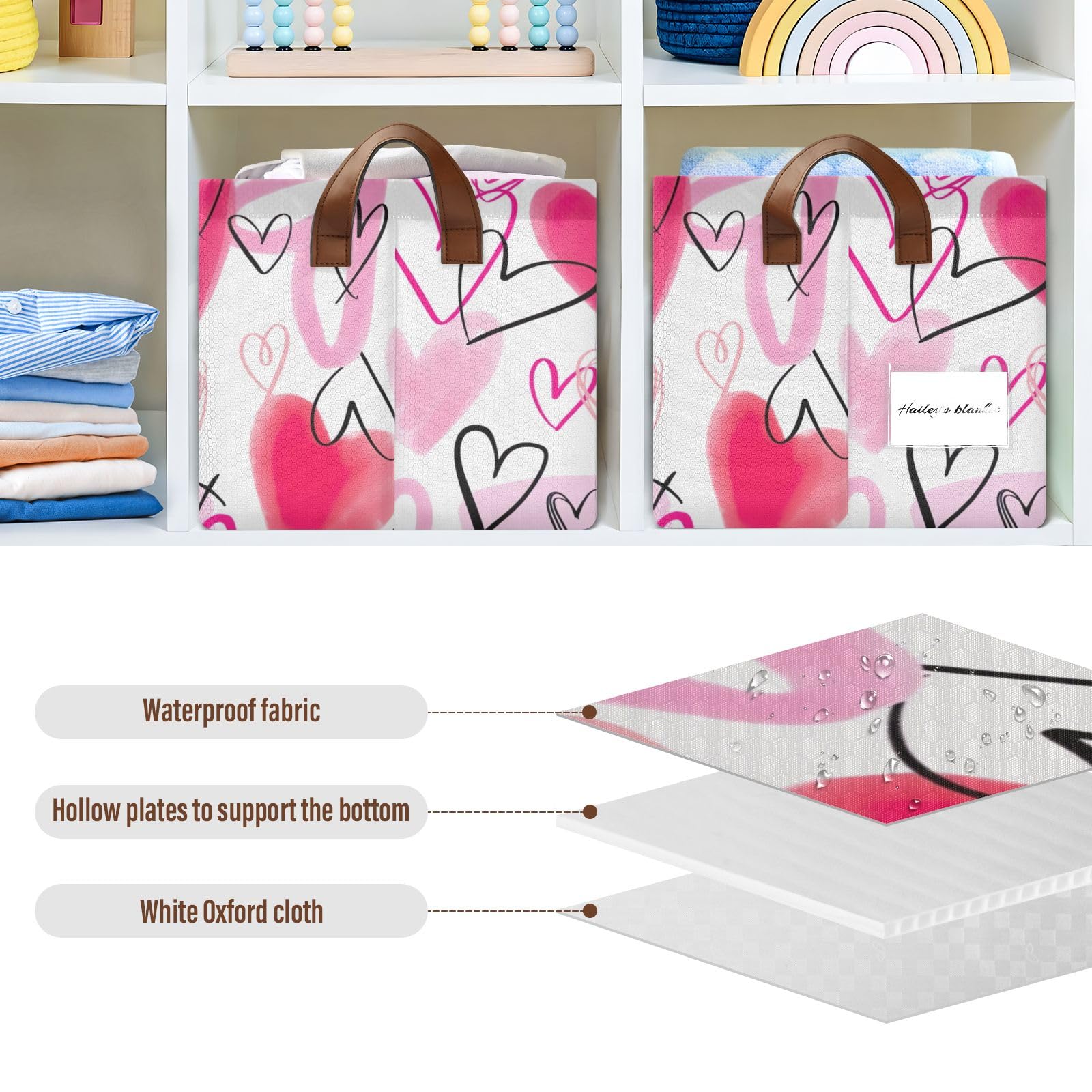 Modern Large Stackable Storage Bins with Heart Pattern - Valentine's Day Home Organization, Basket Storage Bins with Shelves for Bedroom, Closet & Office Organization