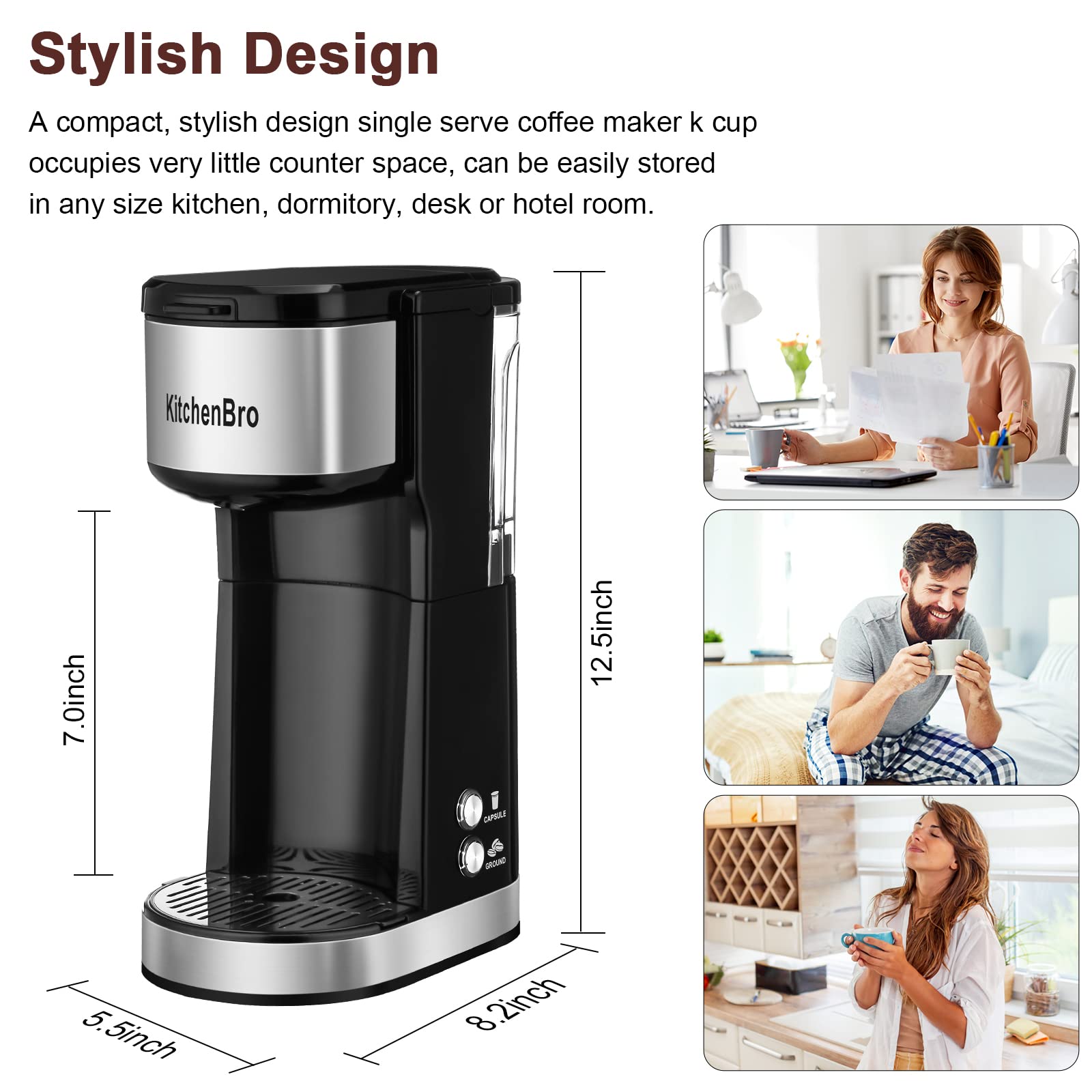 Compact Single Serve Coffee Maker with 14oz Reservoir - K Cup Compatible, Space Saving Design for Small Kitchens, 2-in-1 Coffee Machine (6-14oz Brew Sizes), Perfect for Travel Mugs & Office Use, Self-Cleaning Pod Brewer for Easy Maintenance - Ideal for Home, Dorm & RV Coffee Lovers