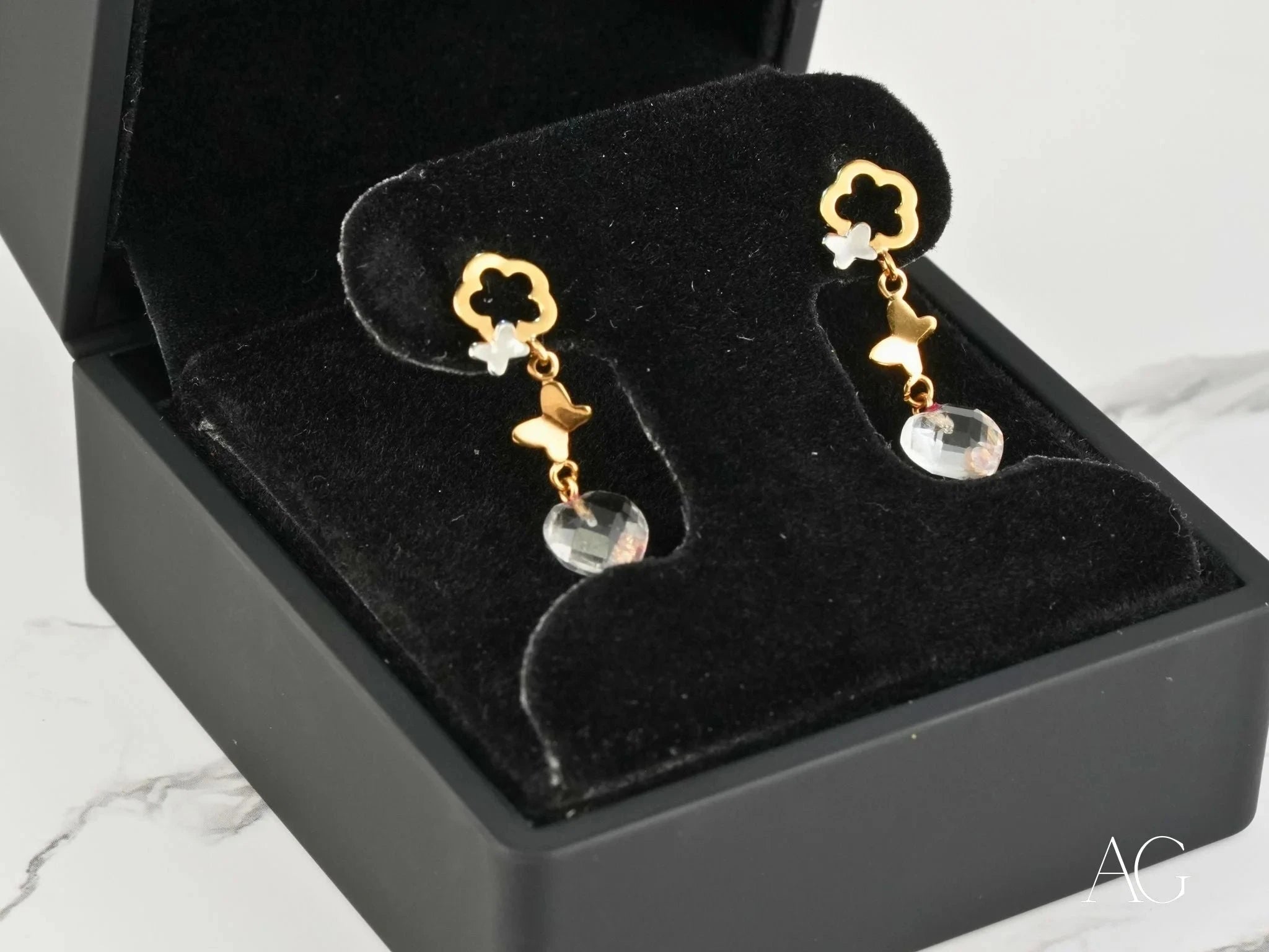 Whispering Butterflies – 18K Gold Crystal Drop Earrings for Women, Elegant Dangle Earrings for Wedding, Party & Special Occasions