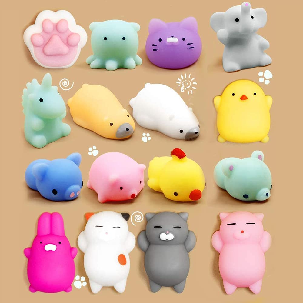 16 Pcs Squishy Mochi Toys for Kids - Cute Kawaii Animal Squishies, Cat & Unicorn Stress Relief Toys for Adults & Children - Perfect for Party Favors, Treasure Box Gifts & Sensory Play
