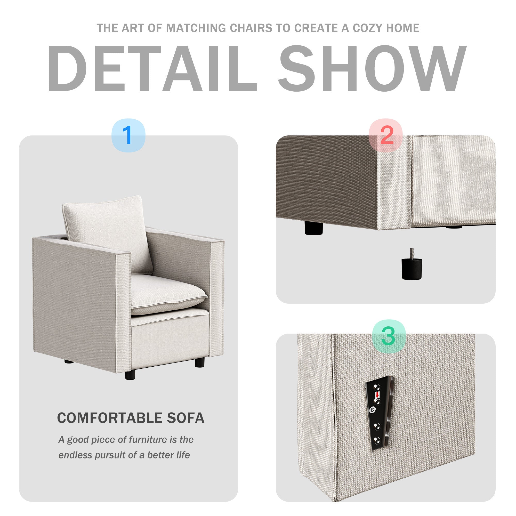 Beige Comfortable Single Sofa Chair - Soft Breathable Seat Cushions, Modern Armchair for Bedroom, Living Room Corner & Reading Nook - Cozy Home Decor Accent