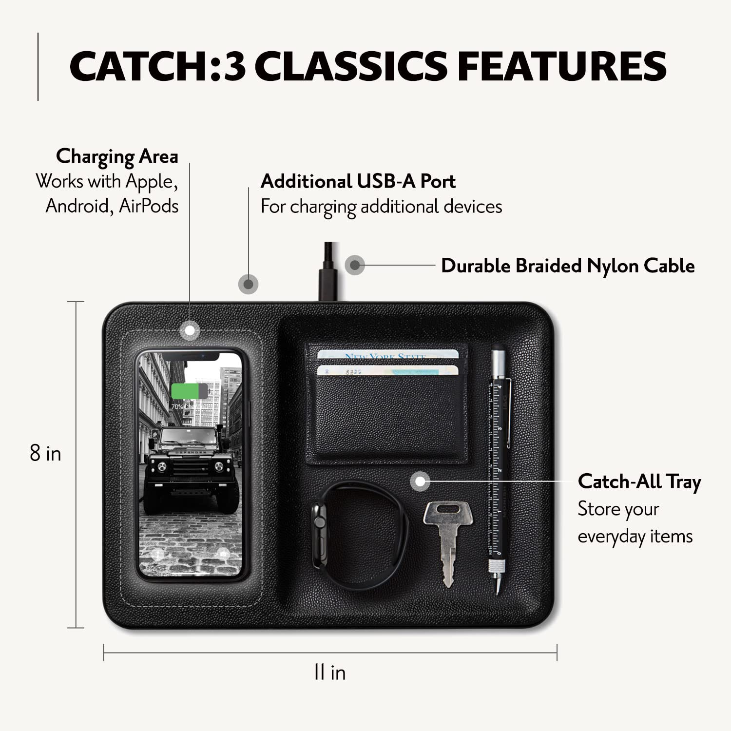 COURANT Catch:3 Classics - Premium Italian Leather Wireless Charging Station & Valet Tray (Black) - Fast Qi Charger for iPhone 16/15/14/13/12/11, Galaxy S24/S23/S22/S21/S20, AirPods - Perfect for Nightstand, Office Desk & Travel Organization
