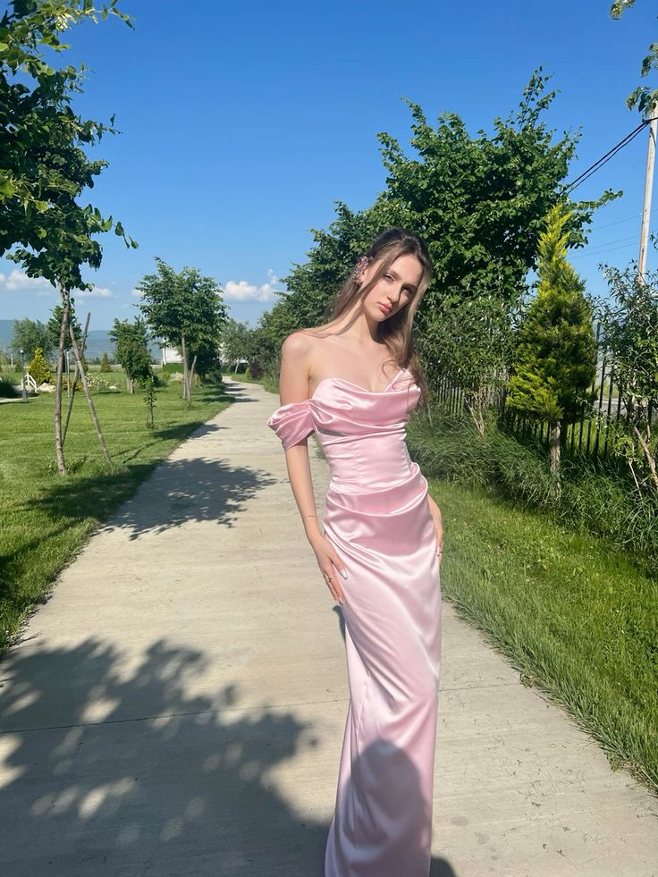 Elegant Off Shoulder Pink Satin Prom Dress - Sheath Evening Gown for Women J6841 | Perfect for Homecoming, Formal Events & Special Occasions