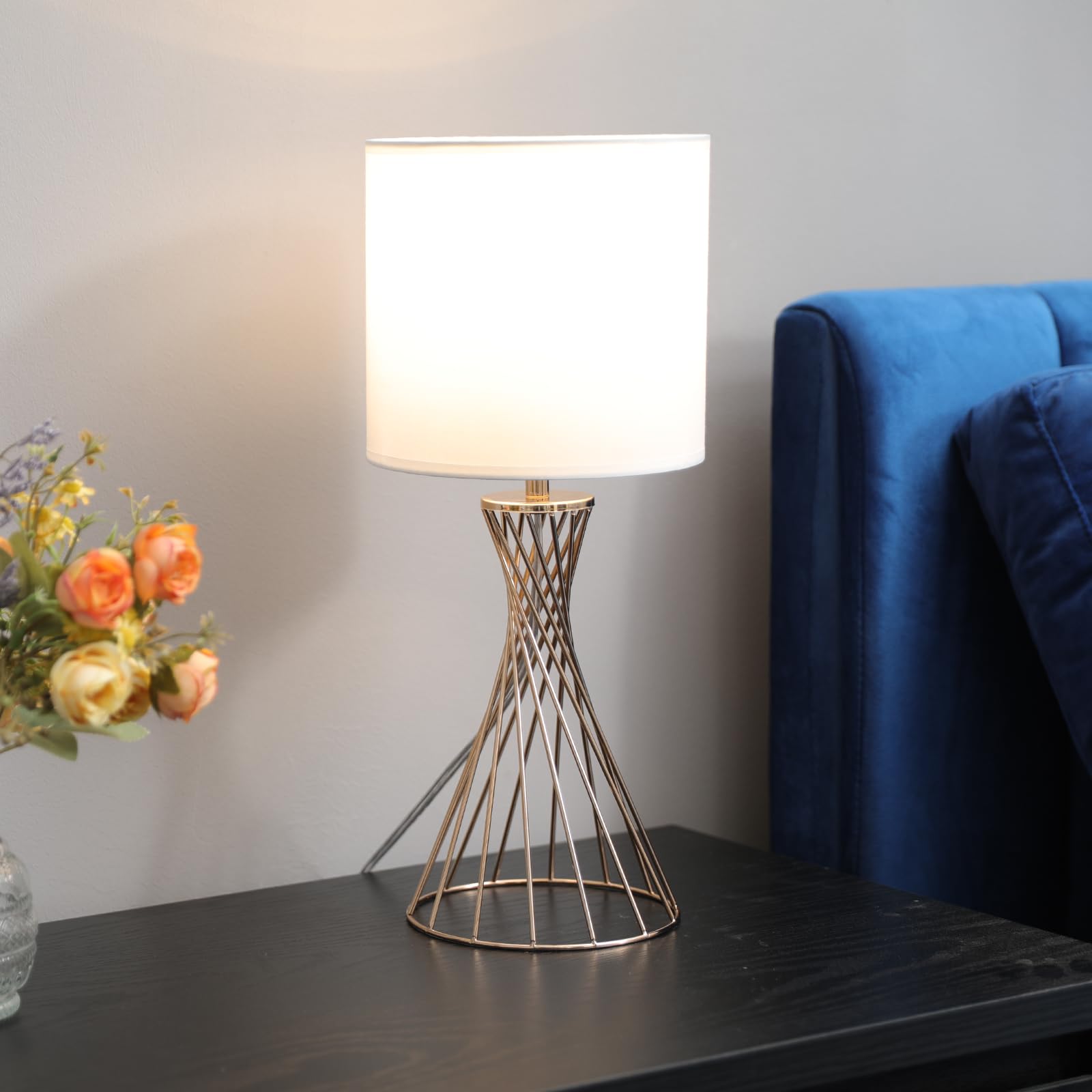 Modern Gold Table Lamp with White Fabric Shade & Geometric Metal Base - Small Cute Desk Lamp for Bedroom Nightstand, Living Room, Kids Room - Perfect for Reading, Study & Cozy Home Decor