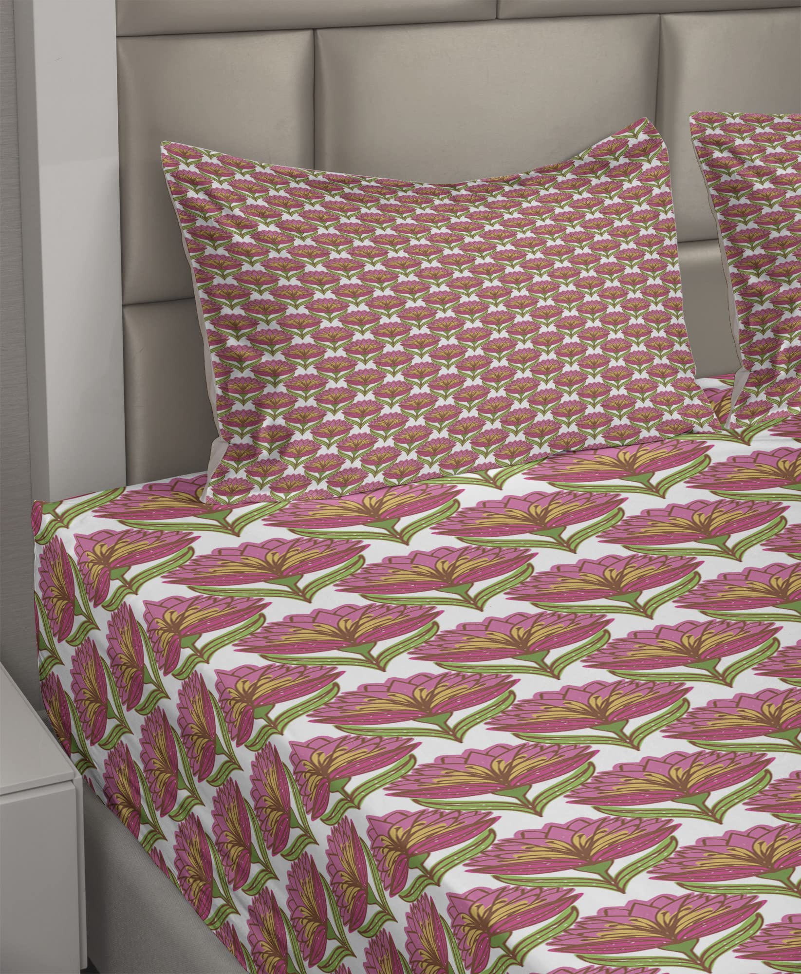 Ambesonne Floral King Sheet Set - 4 Piece Hand Drawn English Garden Flower Design Bedding with Fitted Sheet, Flat Sheet & Pillowcases - Pink Caramel for Master Bedroom, Guest Room & Home Decor
