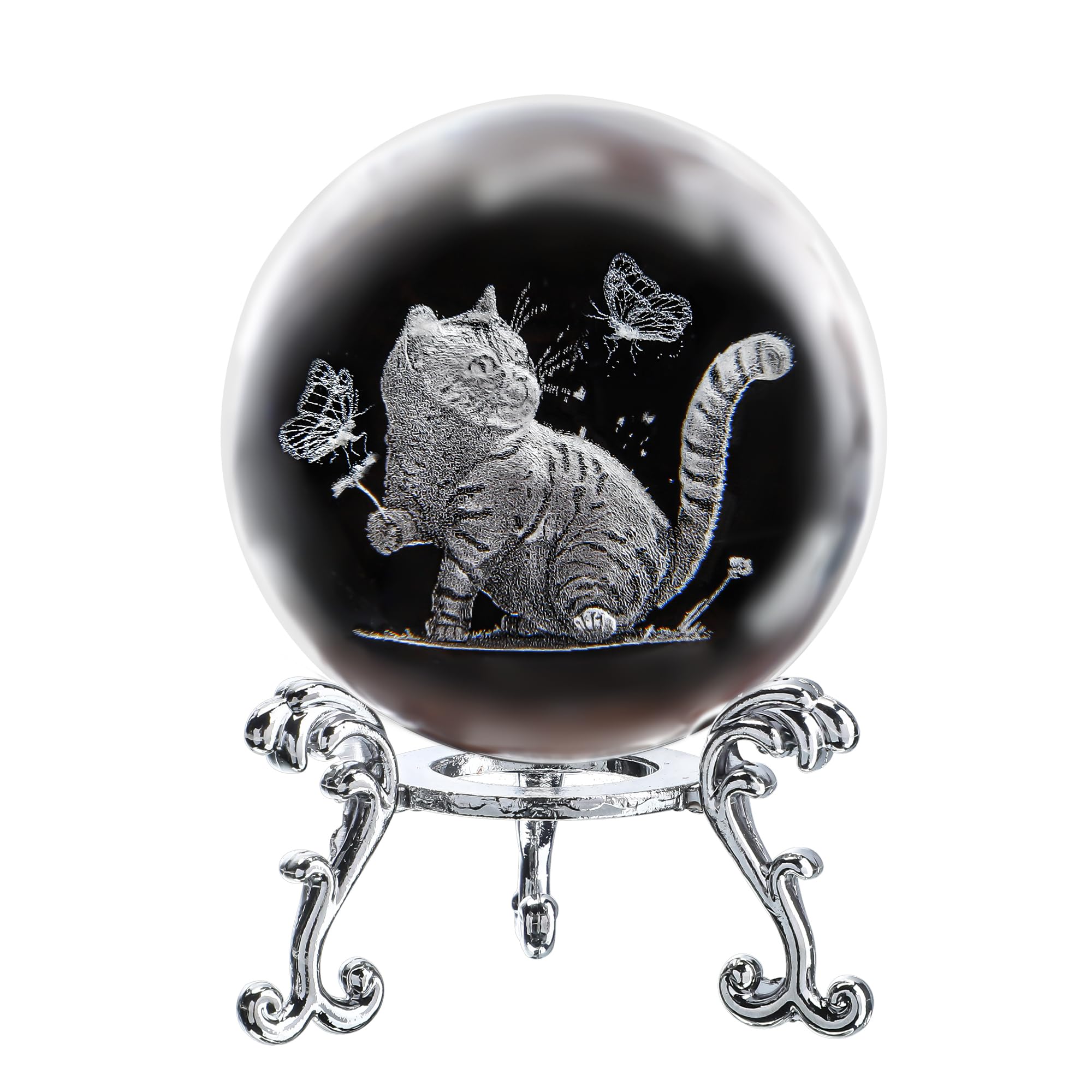 3D Crystal Cat Ball with Laser Engraved Butterflies - Glass Paperweight with Stand - Unique Home Decor & Gift for Cat Lovers - Perfect for Desk Decor, Feng Shui, and Cat-Themed Party Favors