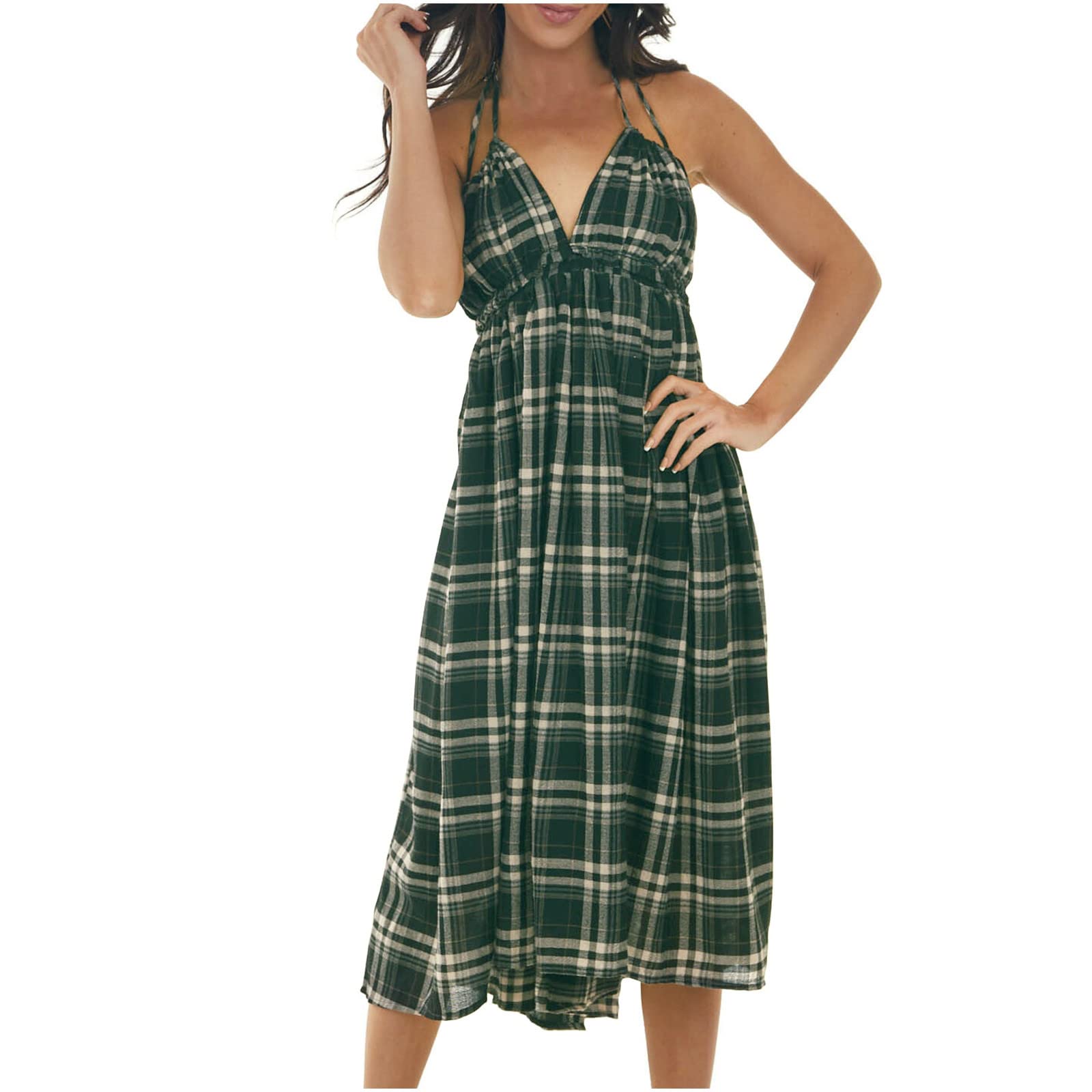 Women's Sundresses - Sleeveless Loose Casual Summer Dresses with Plaid Strappy Backless Design, High Waist Ruffle A-line Mini Dress for Beach, Vacation & Outdoor Activities