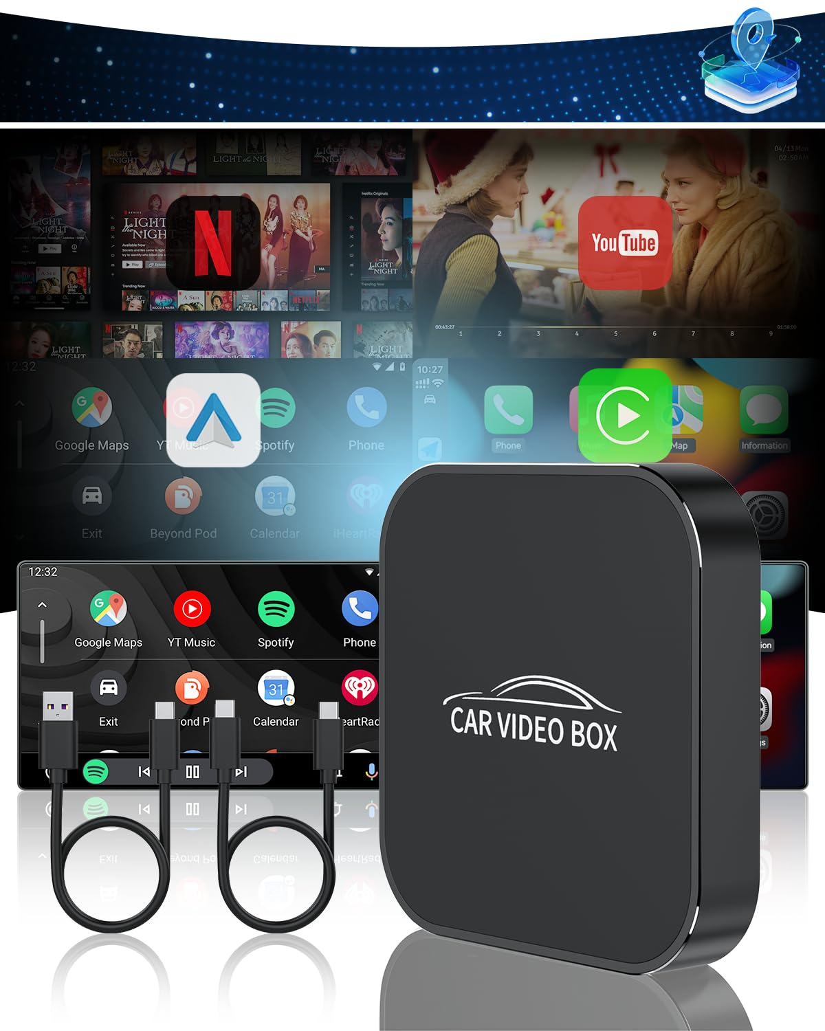 Wireless CarPlay & Android Auto Adapter - 4-in-1 AI Box for Streaming Netflix/YouTube, Supports TF Card & Fast Charging, Compatible with Cars Since 2016 | Perfect for Road Trips & In-Car Entertainment
