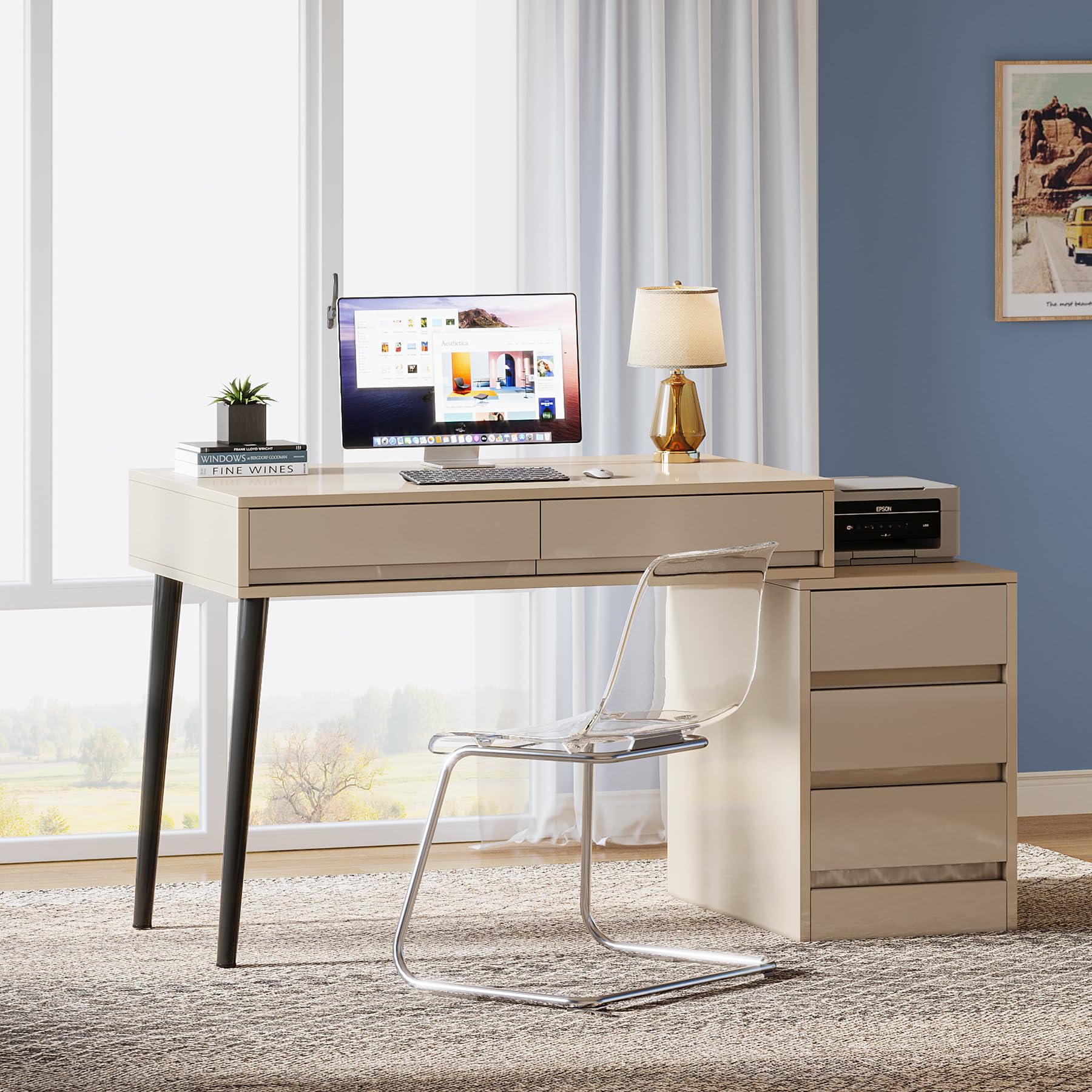 Tribesigns 5-Drawer Vanity Desk with Reversible Cabinet - High Gloss Makeup Table & Computer Desk for Bedroom or Office, Beige (No Mirror) - Perfect for Cosmetics Storage, Workstation & Home Office Organization