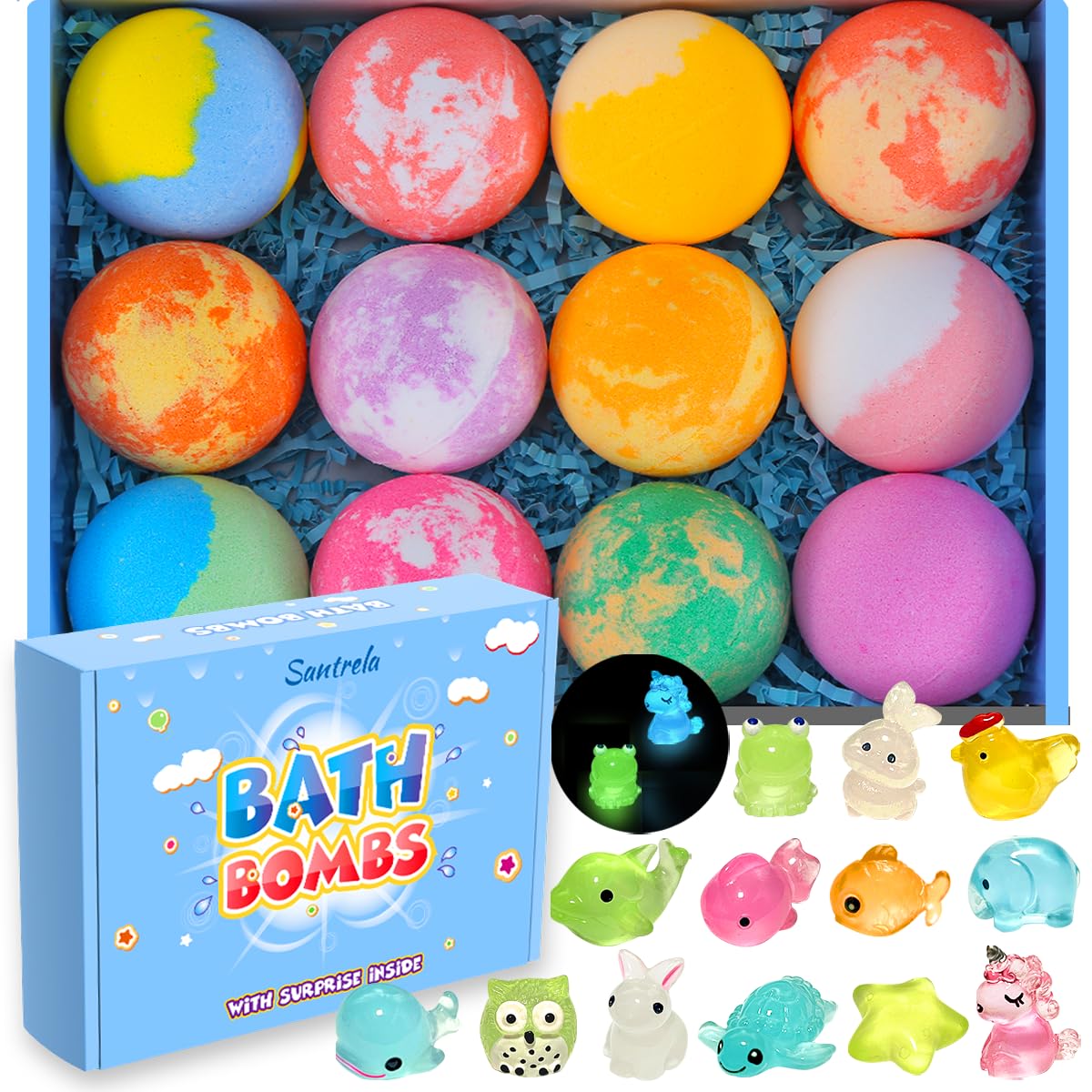 12 Pcs Handmade Glow-in-The-Dark Bath Bombs for Kids with Surprise Toys Inside - Fun Bubble Bath Fizzies for Easter, Birthday & Christmas Gifts | Perfect for Kids' Spa Night, Relaxation & Sensory Play