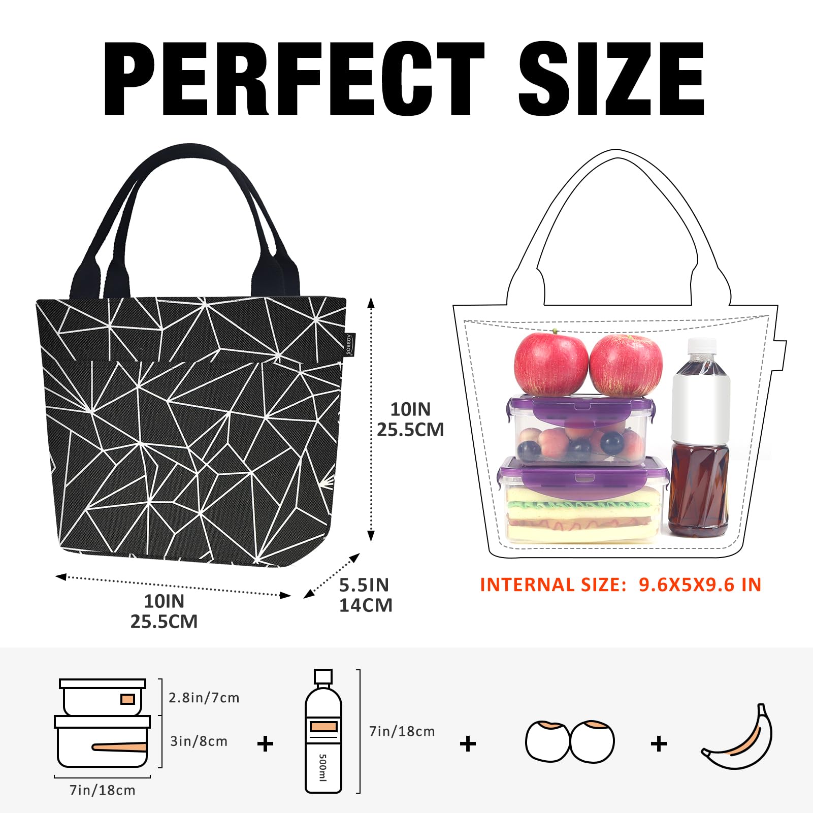 Aosbos Large Insulated Lunch Bag for Women - Leakproof Lunch Box & Food Organizer Tote - Black Prism - Perfect for Office, School, Picnics & Travel