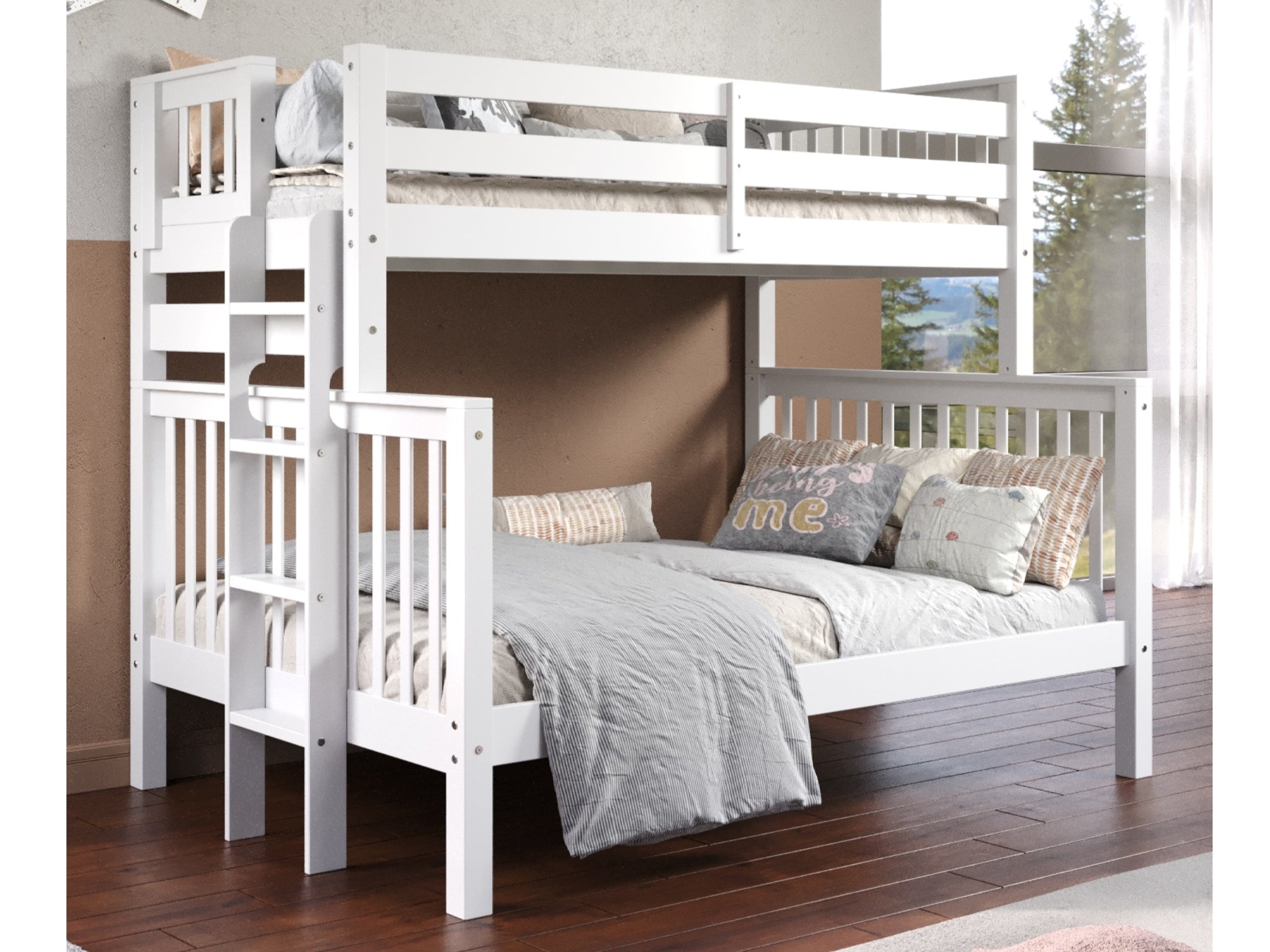 Twin Over Full Bunk Bed with End Ladder - Space Saving White Wooden Bunk Beds for Kids, Teens & Guest Rooms - Perfect for Small Bedrooms, Dorms & Vacation Homes