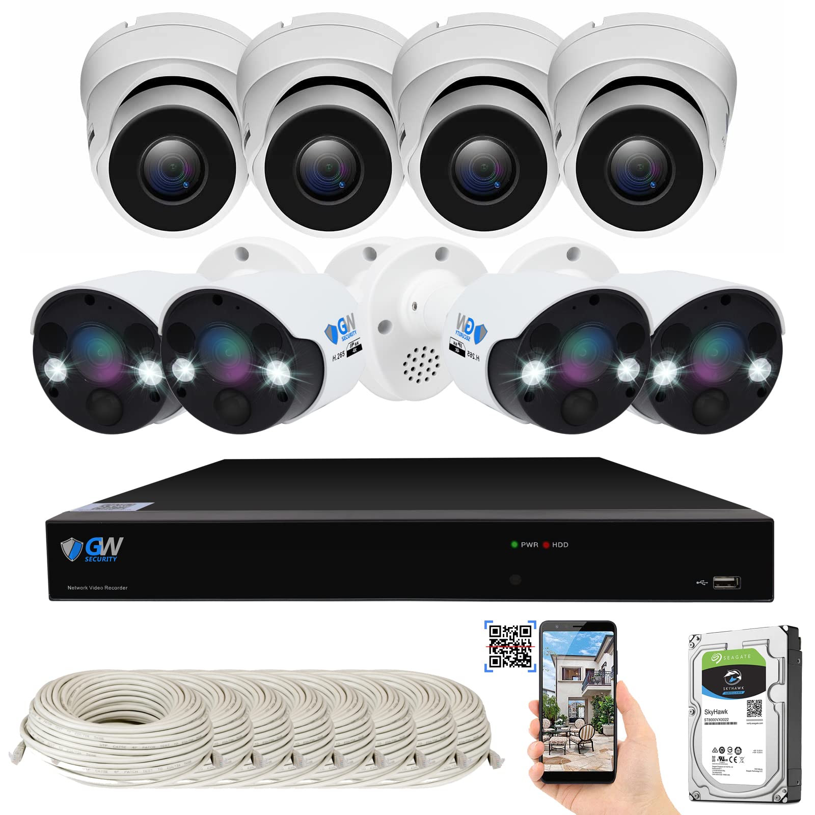 8MP 4K AI Smart Home Security Camera System with 8 Channel NVR - 4 Dome & 4 Bullet IP PoE Cameras (Built-in Microphone, Face/Person/Vehicle Detection, 2160P HD) - Ideal for Home, Office & Business Surveillance