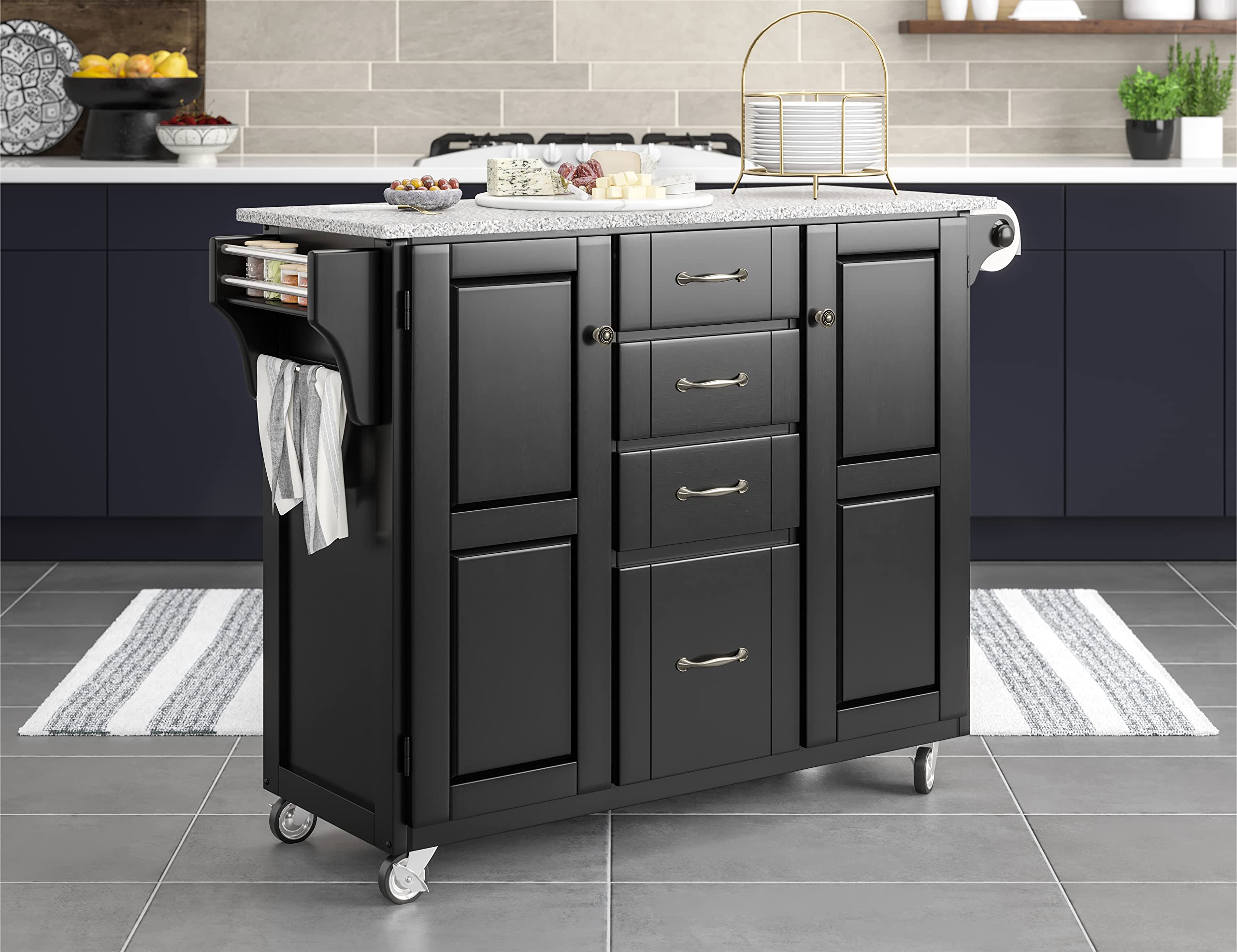 Home Styles Large Mobile Create-a-Cart Black Finish Two Door Cabinet Kitchen Cart with Salt and Pepper Granite Top & Adjustable Shelves - Perfect for Small Kitchen Storage, Dining Room Organization & Rolling Serving Cart