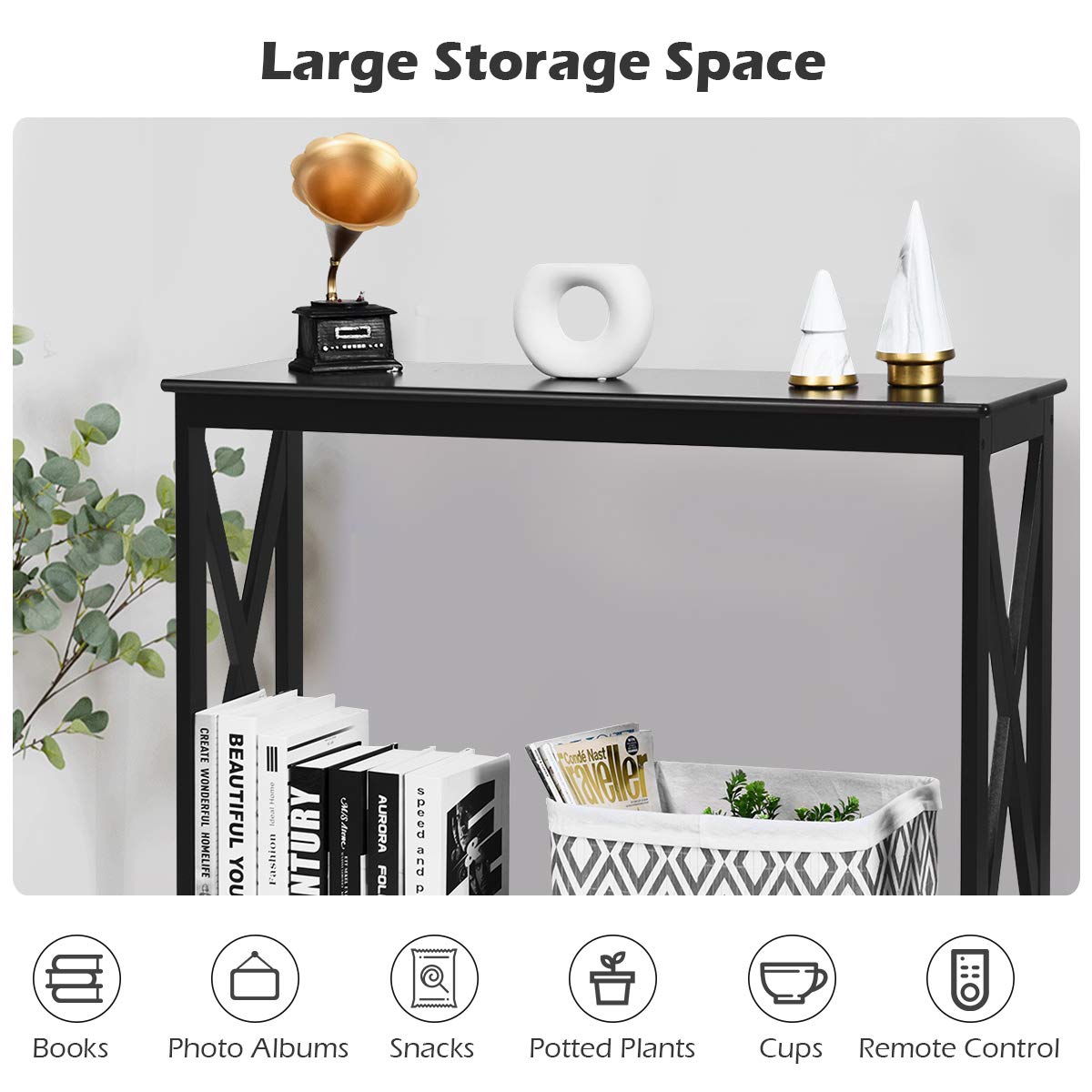 Giantex X-Design 2-Tier Console Table with Storage Shelf, Narrow Entryway Sofa Side Table for Hallway & Living Room - Perfect for Home Decor, Bookshelf & Accent Display (Black)
