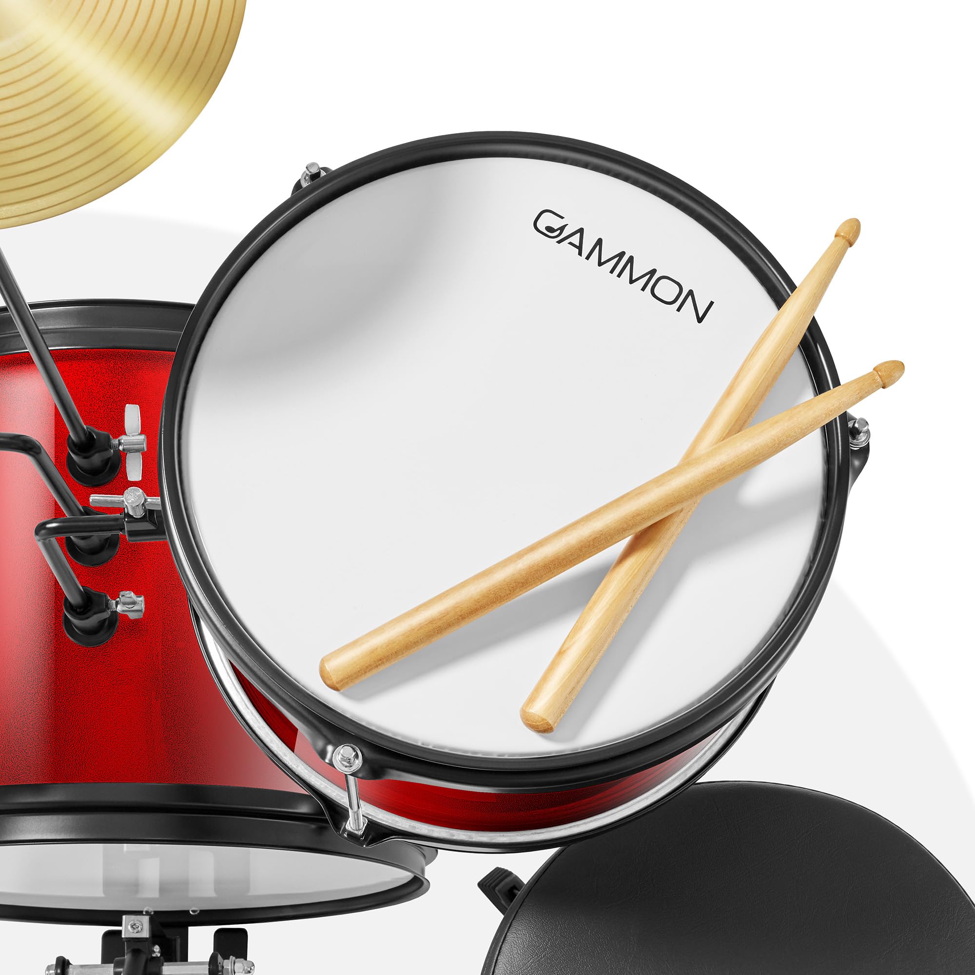 Gammon 3-Piece Junior Drum Set with Throne - Red, Complete Beginner Drum Kit with Bass Drum, Toms, Cymbal, Pedal & Drumsticks | Perfect for Kids Music Lessons, Home Practice & First Drum Set for Young Musicians