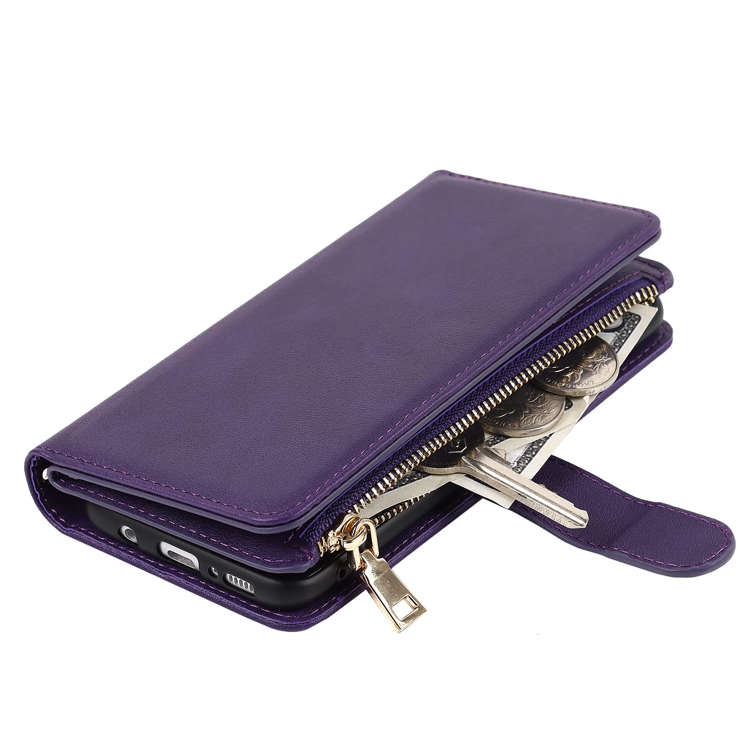 Samsung Galaxy S10 Wallet Case - Leather Flip Cover with 9 Card Slots, Zipper Coin Pocket & 2 Cash Slots - Includes Lanyard (Purple) - Perfect for Travel, Shopping & Everyday Use