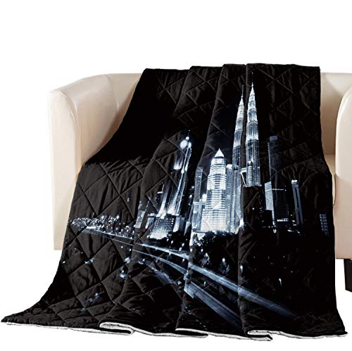 Libaoge Queen Size Quilted Bedspread - Black and White Cityscape Night Design, Premium Soft Cotton Filled Coverlet for Bed, Couch or Sofa | Cozy Home Decor, Guest Room Essentials & Living Room Accent